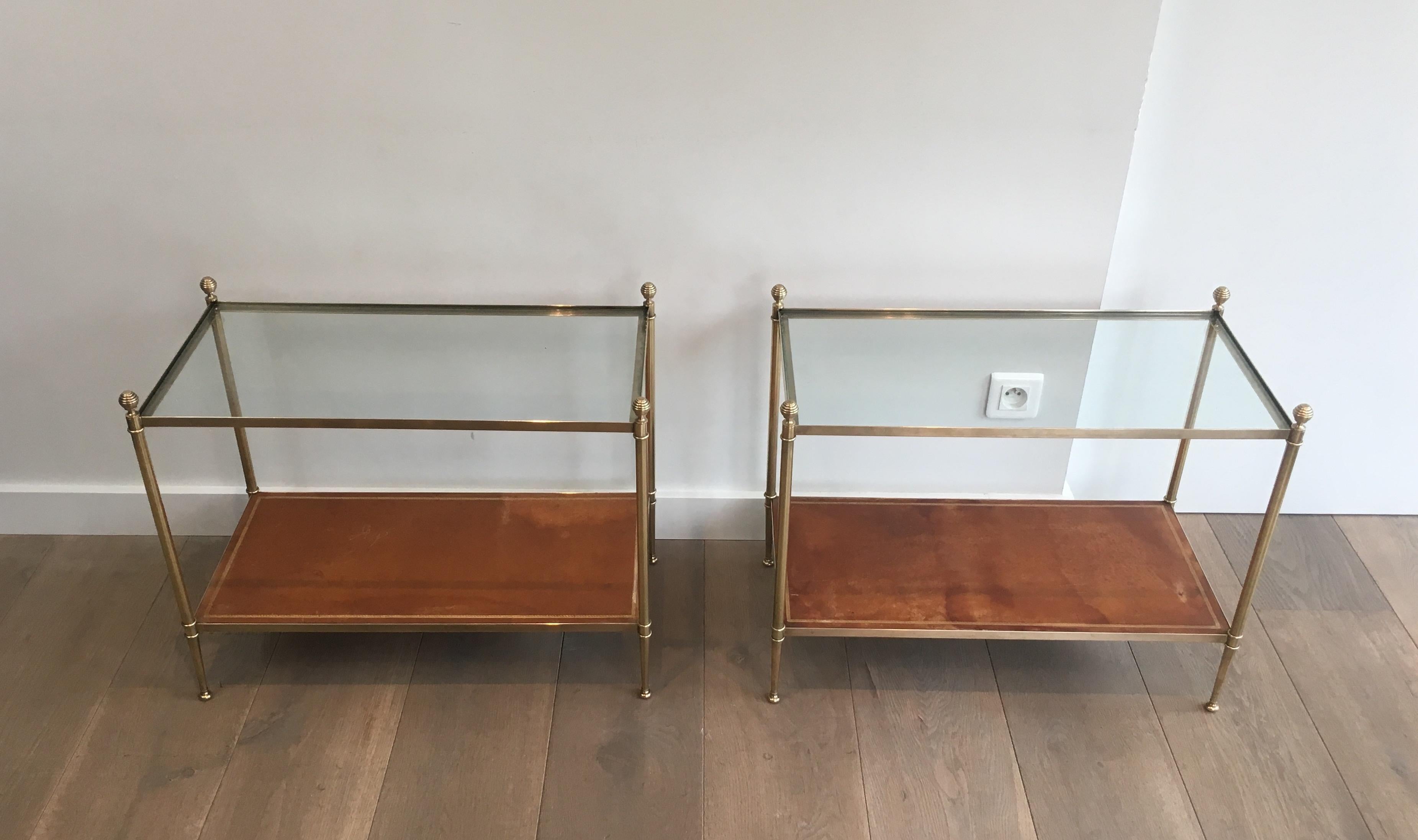 Maison Jansen, Pair of Neoclassical Style Brass, Leather and Glass Side Tables 1