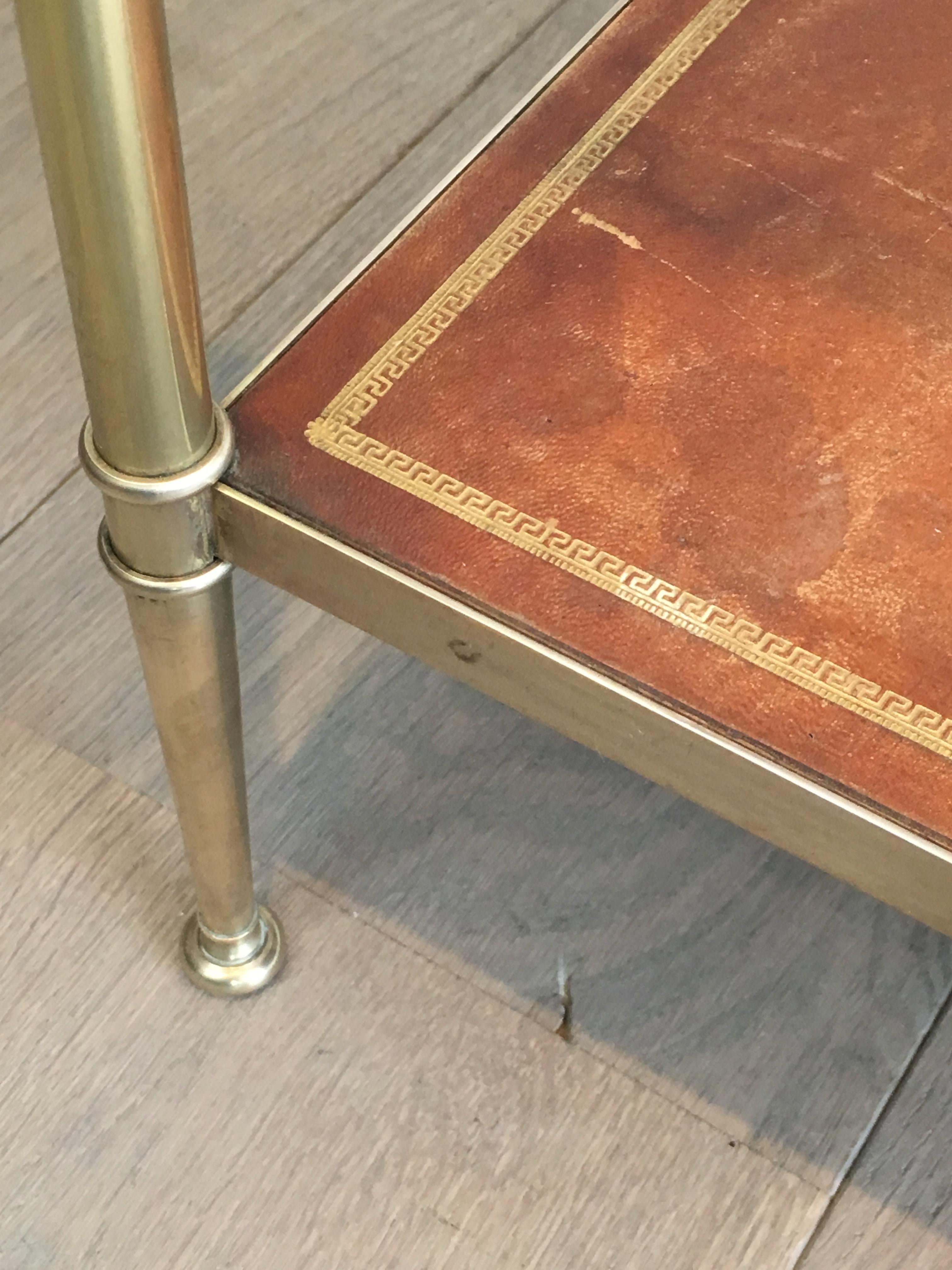 Maison Jansen, Pair of Neoclassical Style Brass, Leather and Glass Side Tables 2