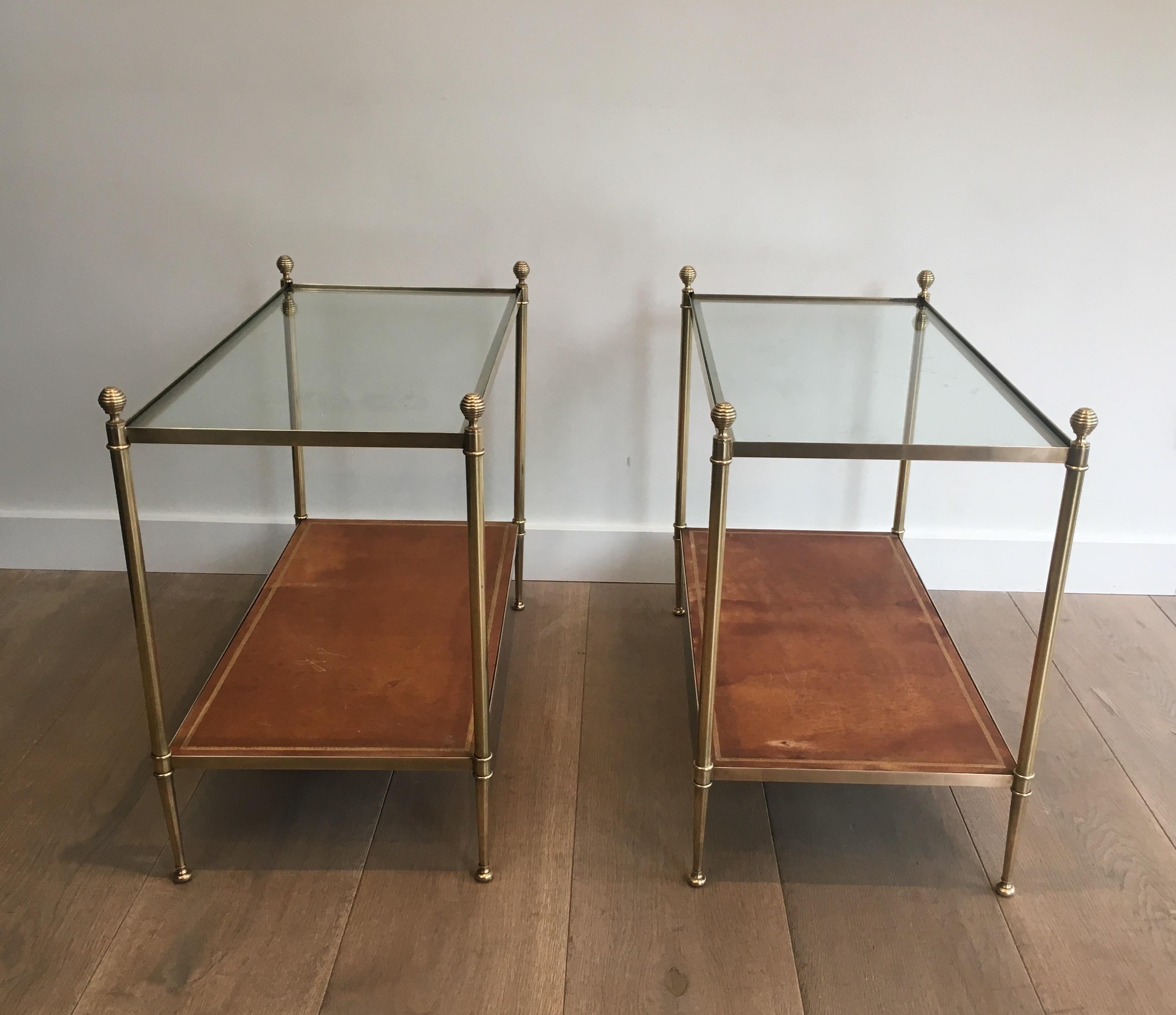 Maison Jansen, Pair of Neoclassical Style Brass, Leather and Glass Side Tables 4