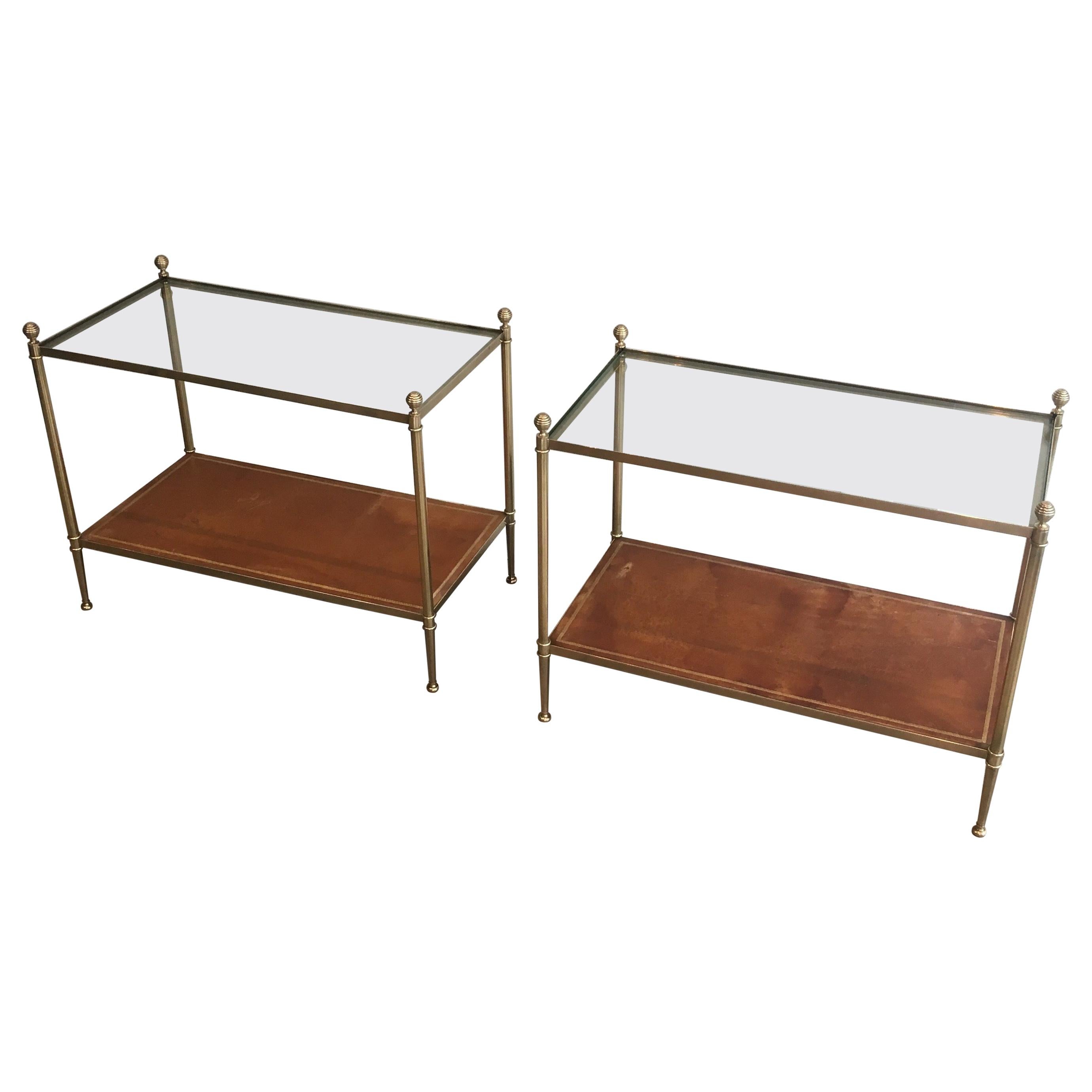 Maison Jansen, Pair of Neoclassical Style Brass, Leather and Glass Side Tables