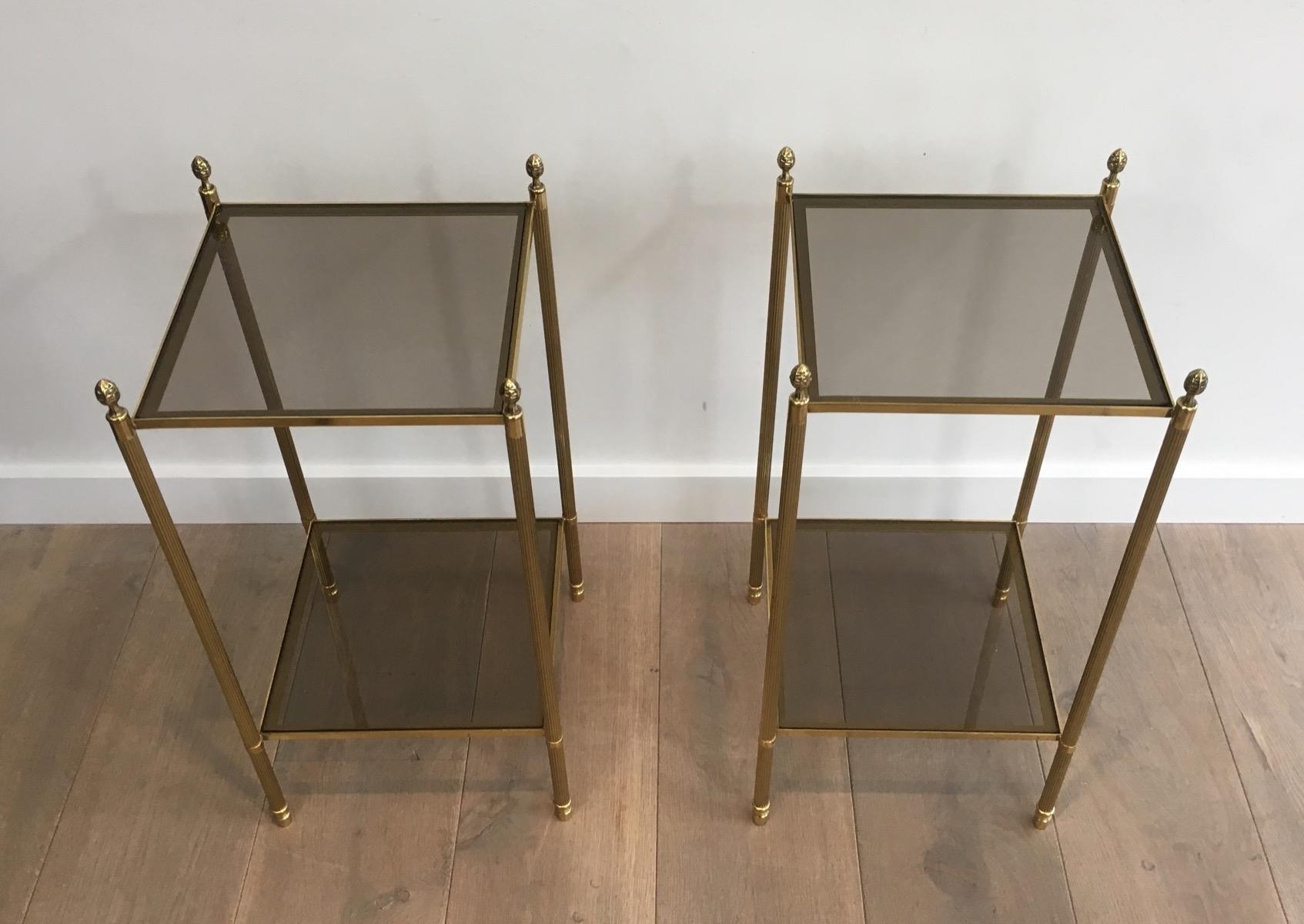 Bronzed Maison Jansen, Pair of Neoclassical Style Brass Side Tables For Sale