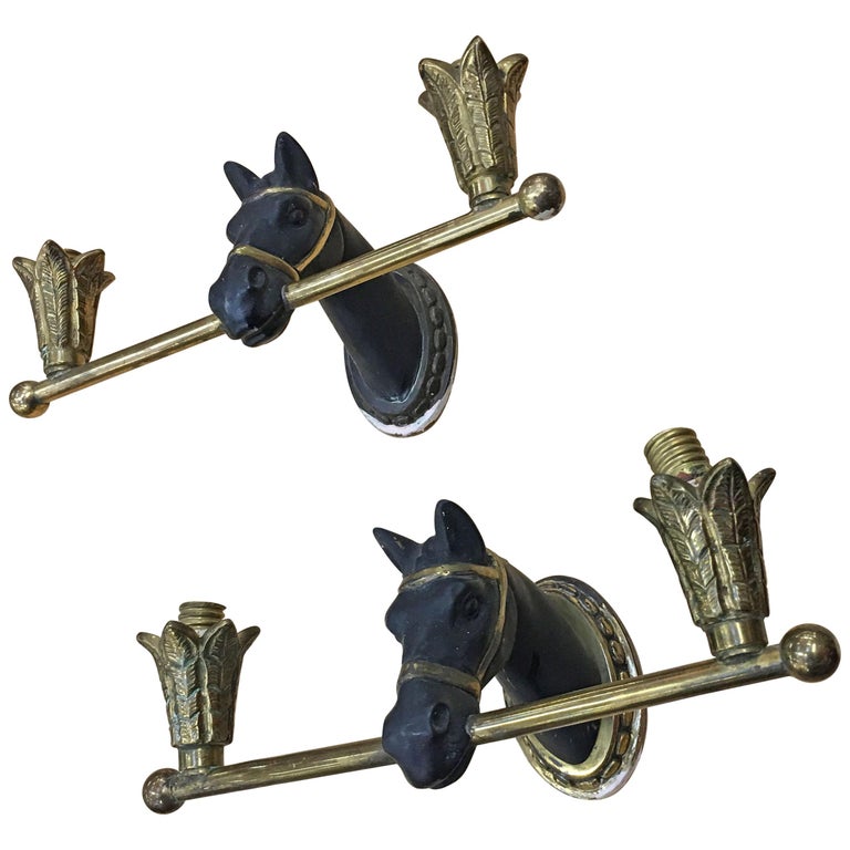 Maison Jansen, Pair of Small Bronze Sconces, circa 1950, Decorated with Horse's For Sale