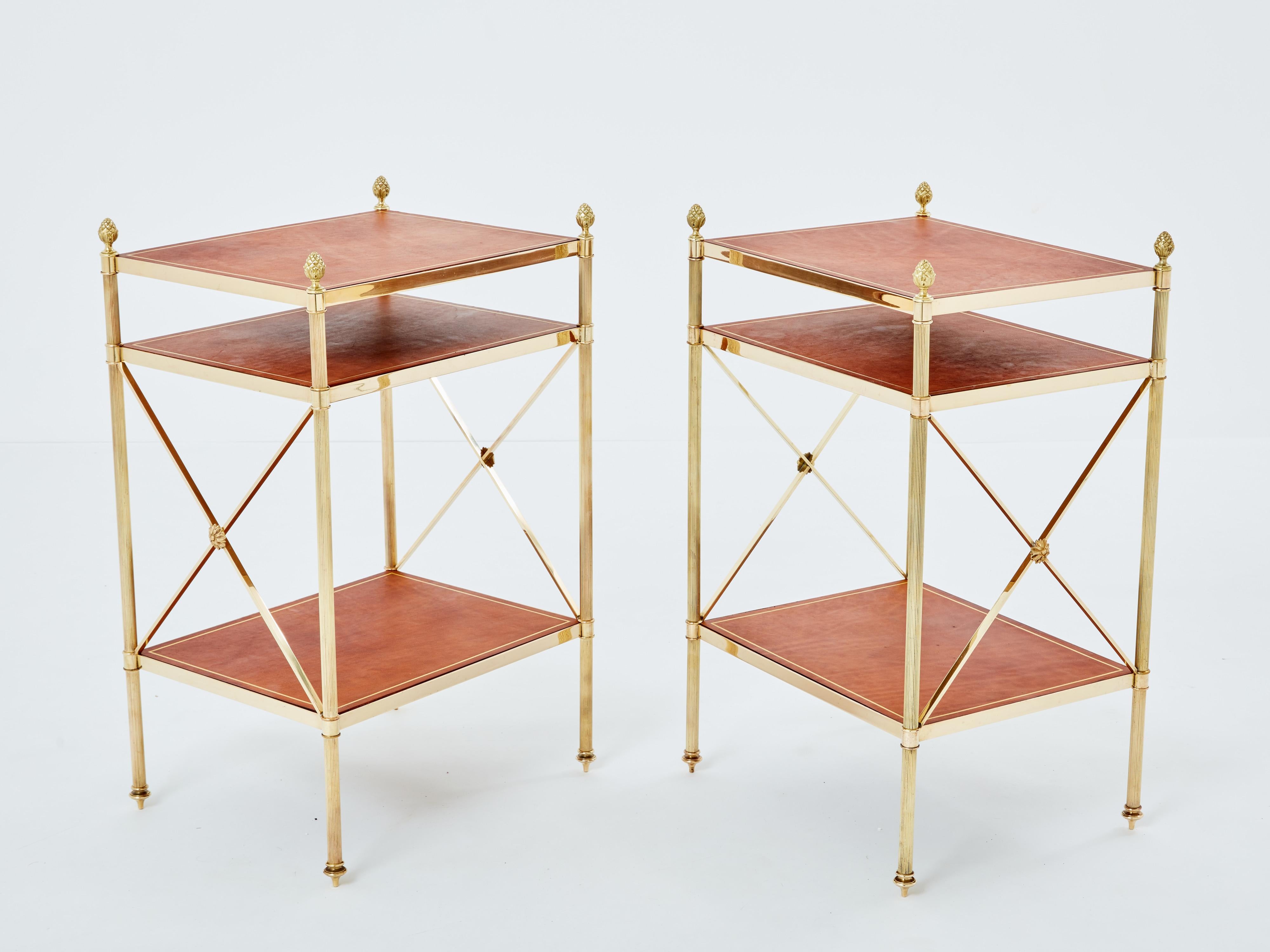 Maison Jansen pair of three-tier side tables brass brown leather 1970s For Sale 3