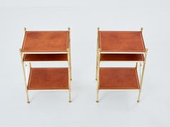 Maison Jansen pair of three-tier side tables brass brown leather 1970s