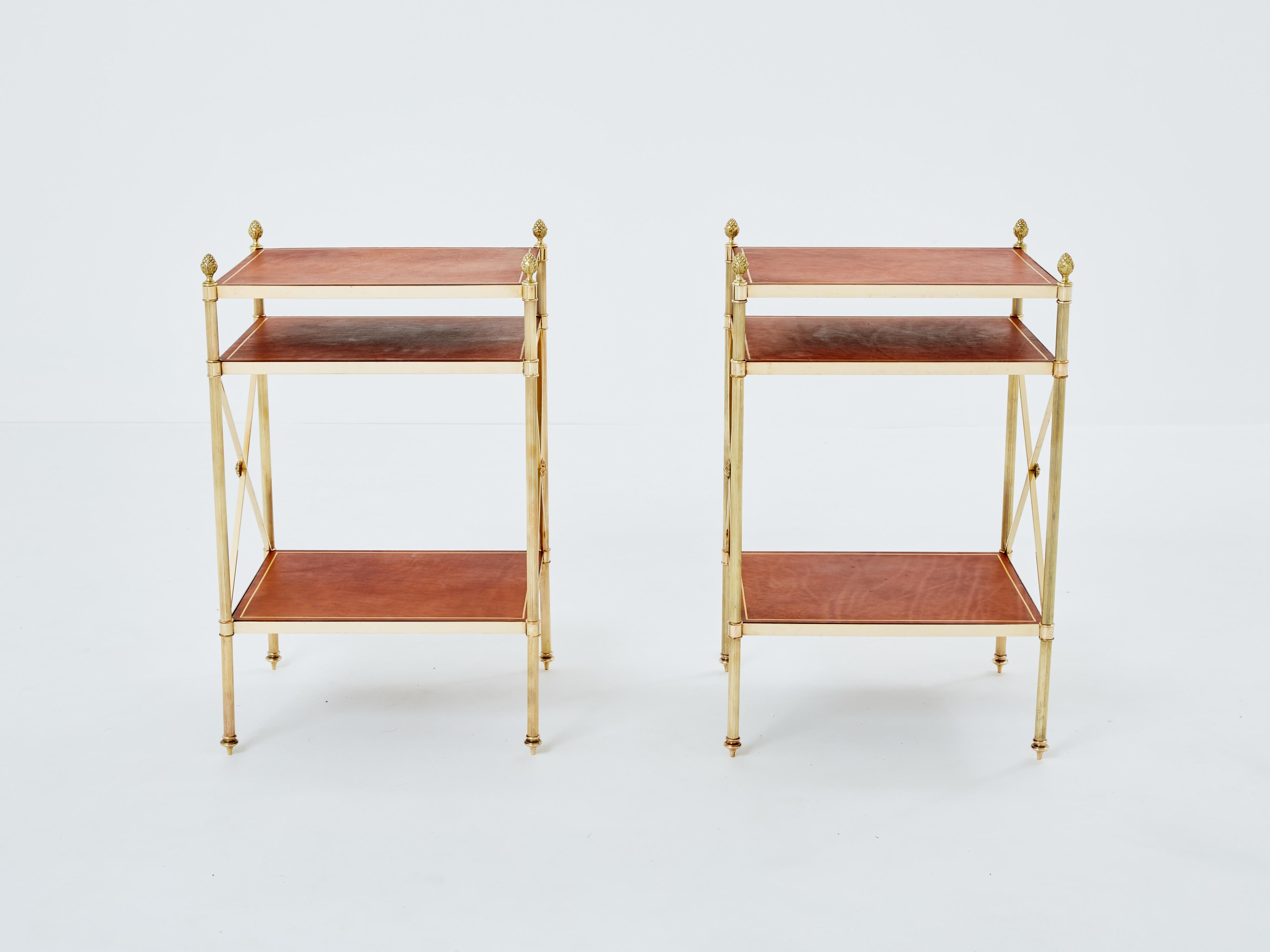 Late 20th Century Maison Jansen pair of three-tier side tables brass brown leather 1970s For Sale