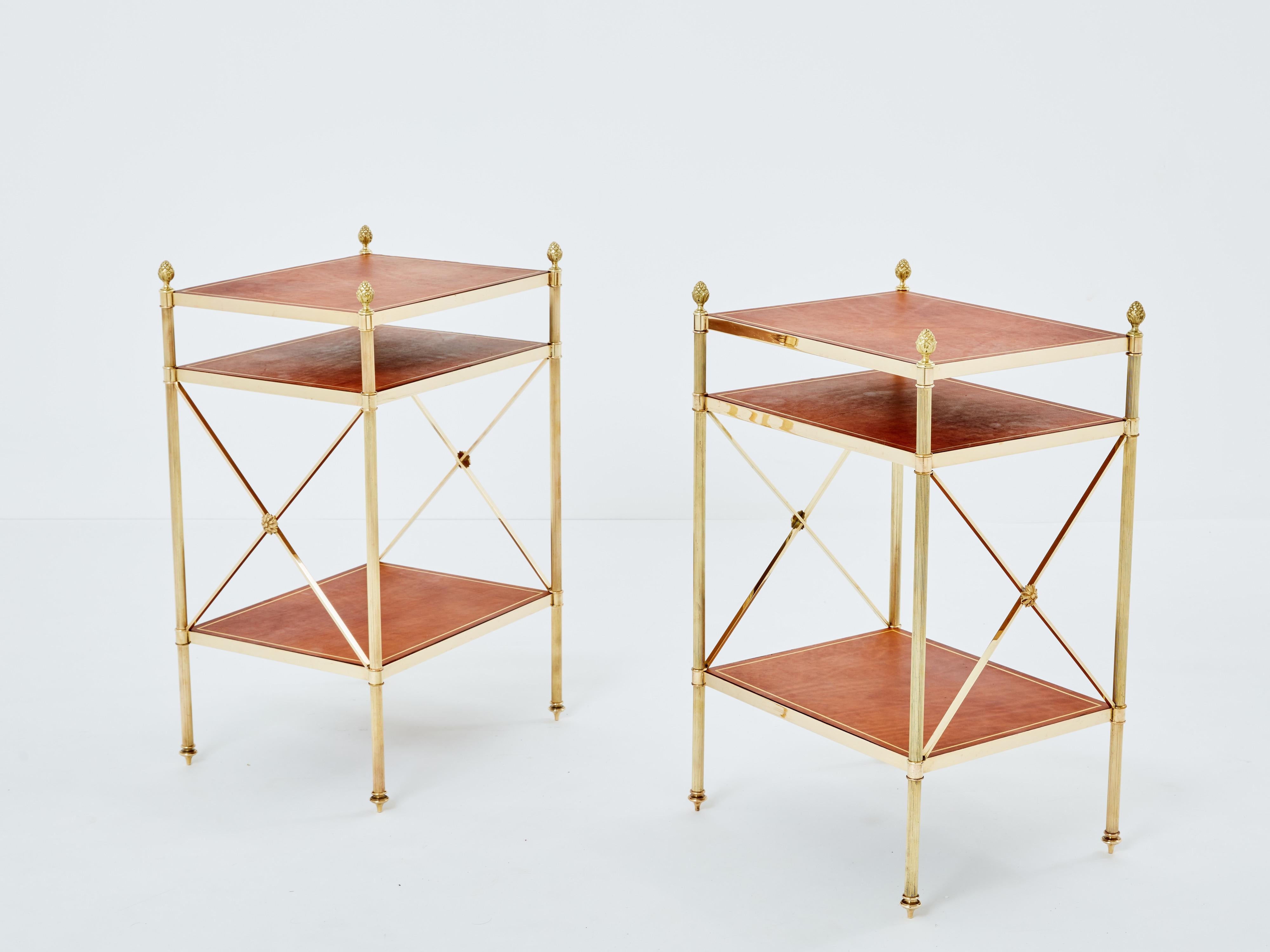 Brass Maison Jansen pair of three-tier side tables brass brown leather 1970s For Sale