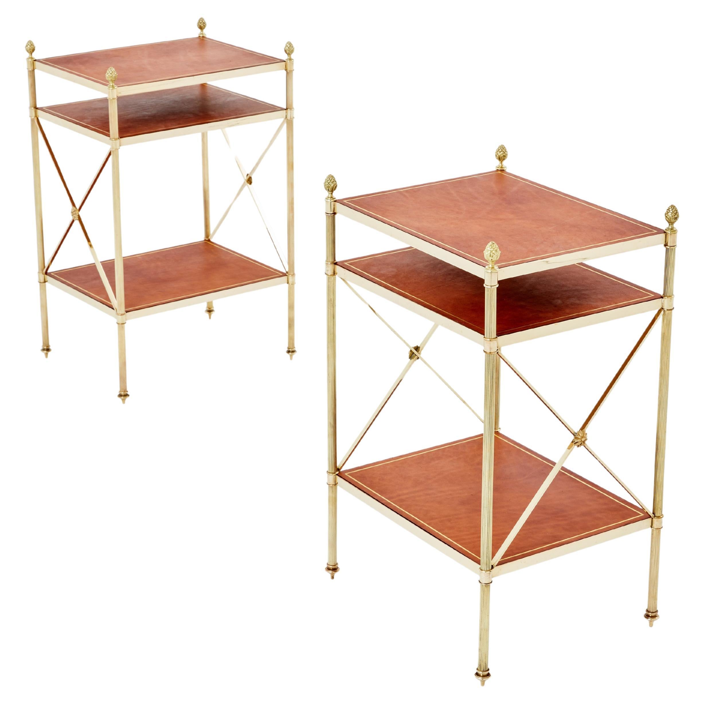 Maison Jansen pair of three-tier side tables brass brown leather 1970s For Sale