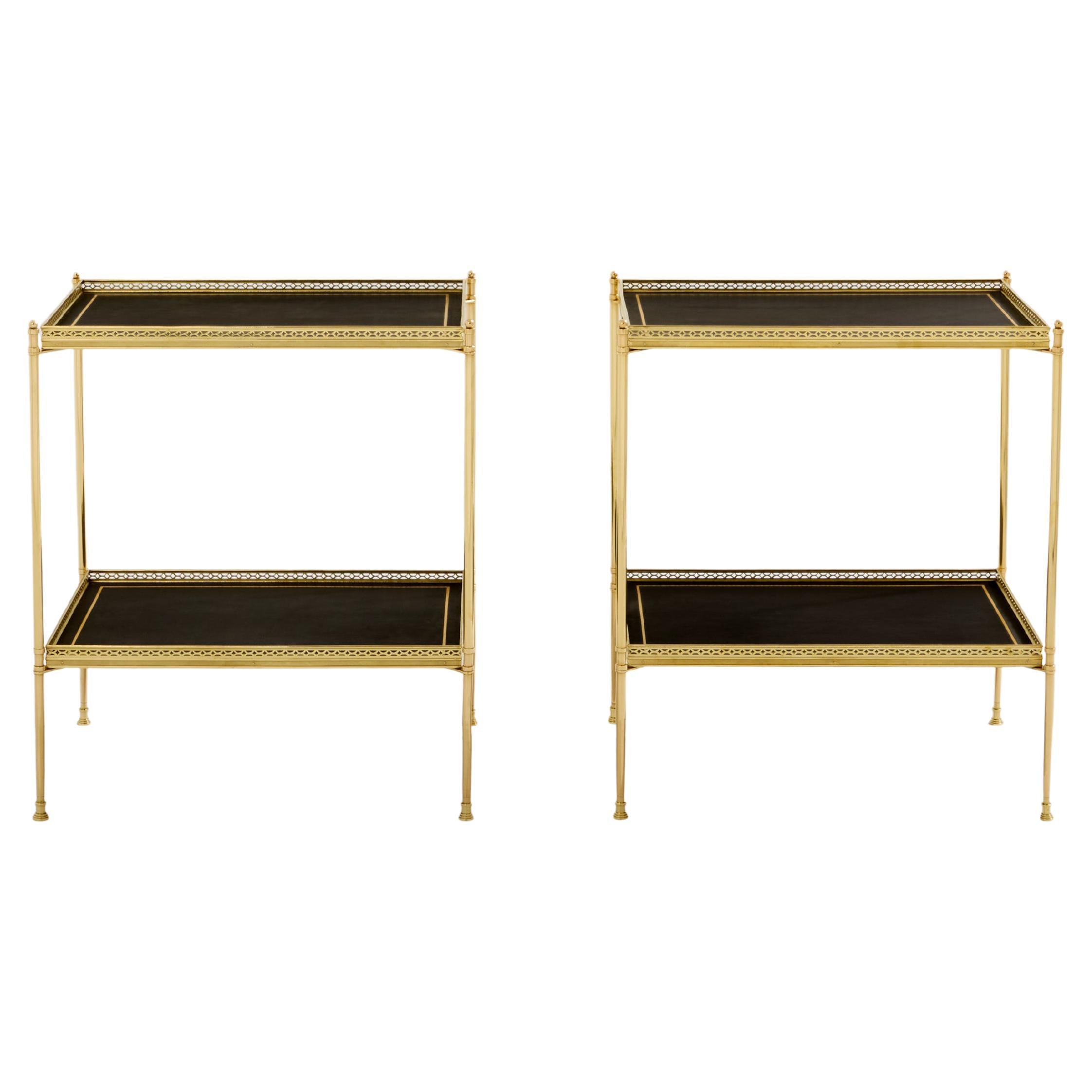 Maison Jansen pair of two-tier side tables brass black leather 1960s For Sale