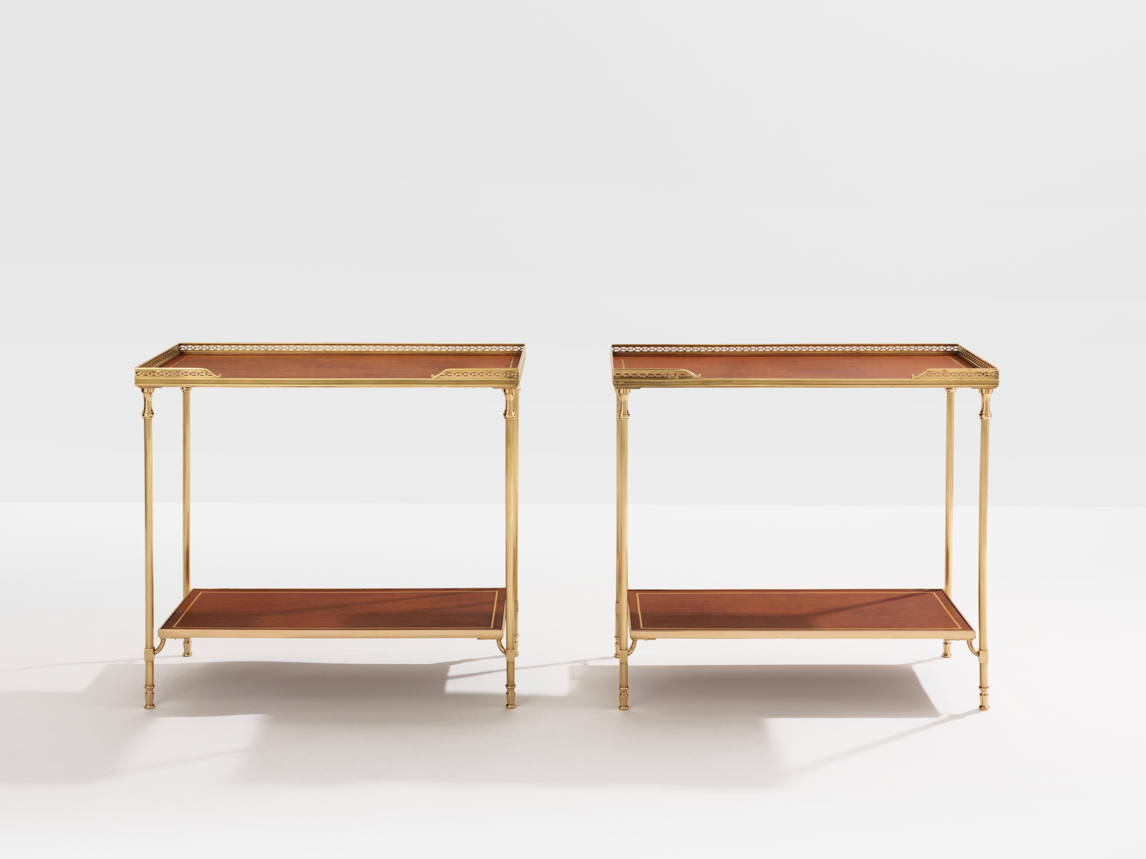 Mid-Century Modern Maison Jansen pair of two-tier side tables brass brown leather 1960s For Sale