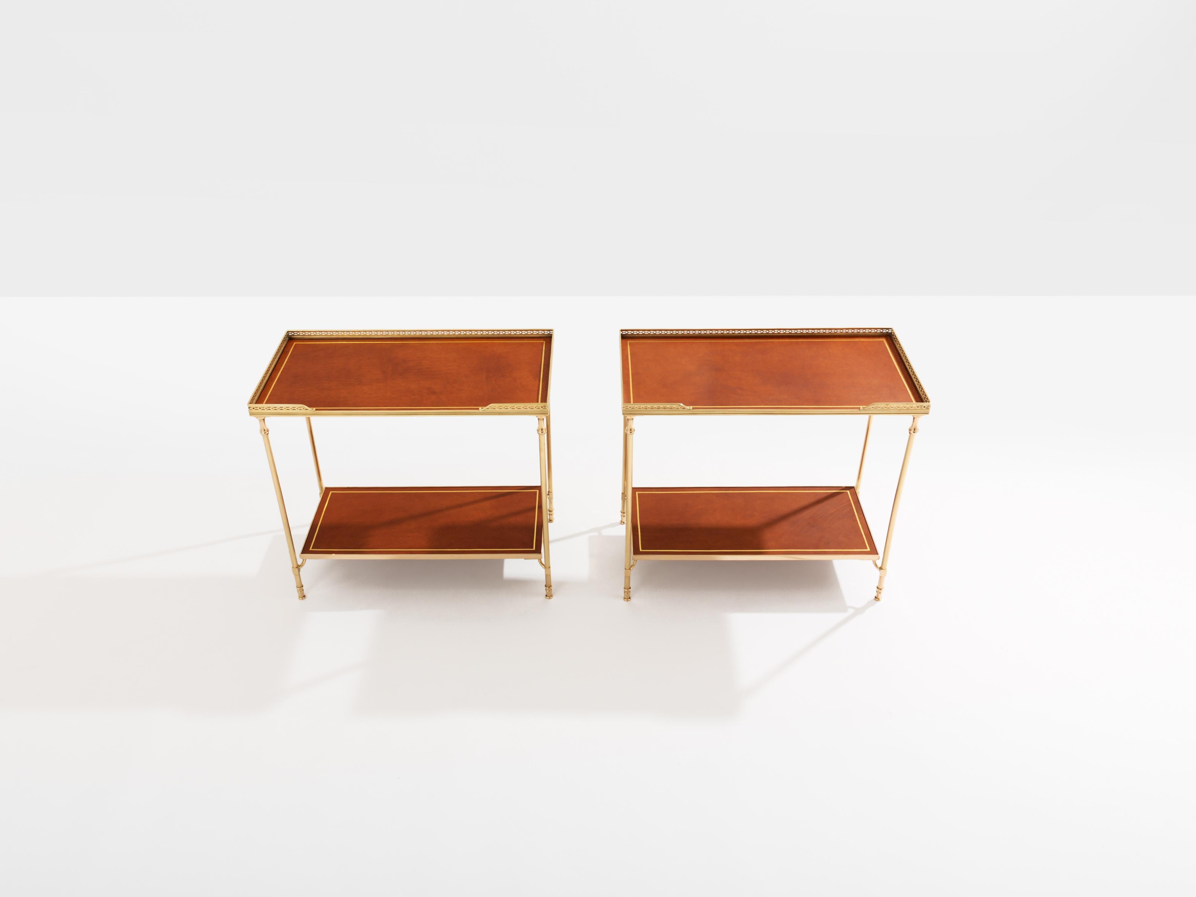 Maison Jansen pair of two-tier side tables brass brown leather 1960s For Sale 2