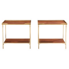 Maison Jansen pair of two-tier side tables brass brown leather 1960s