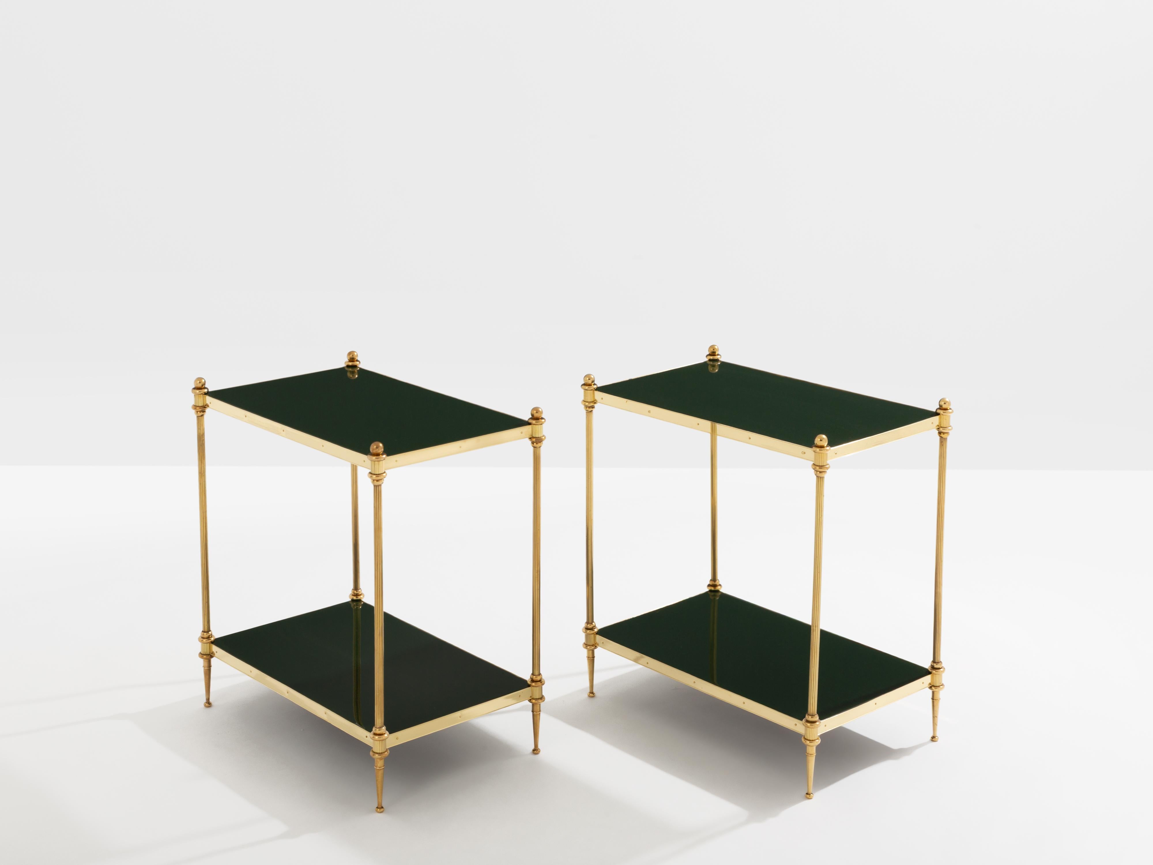 Mid-Century Modern Maison Jansen pair of two-tier side tables brass green lacquer 1970s For Sale