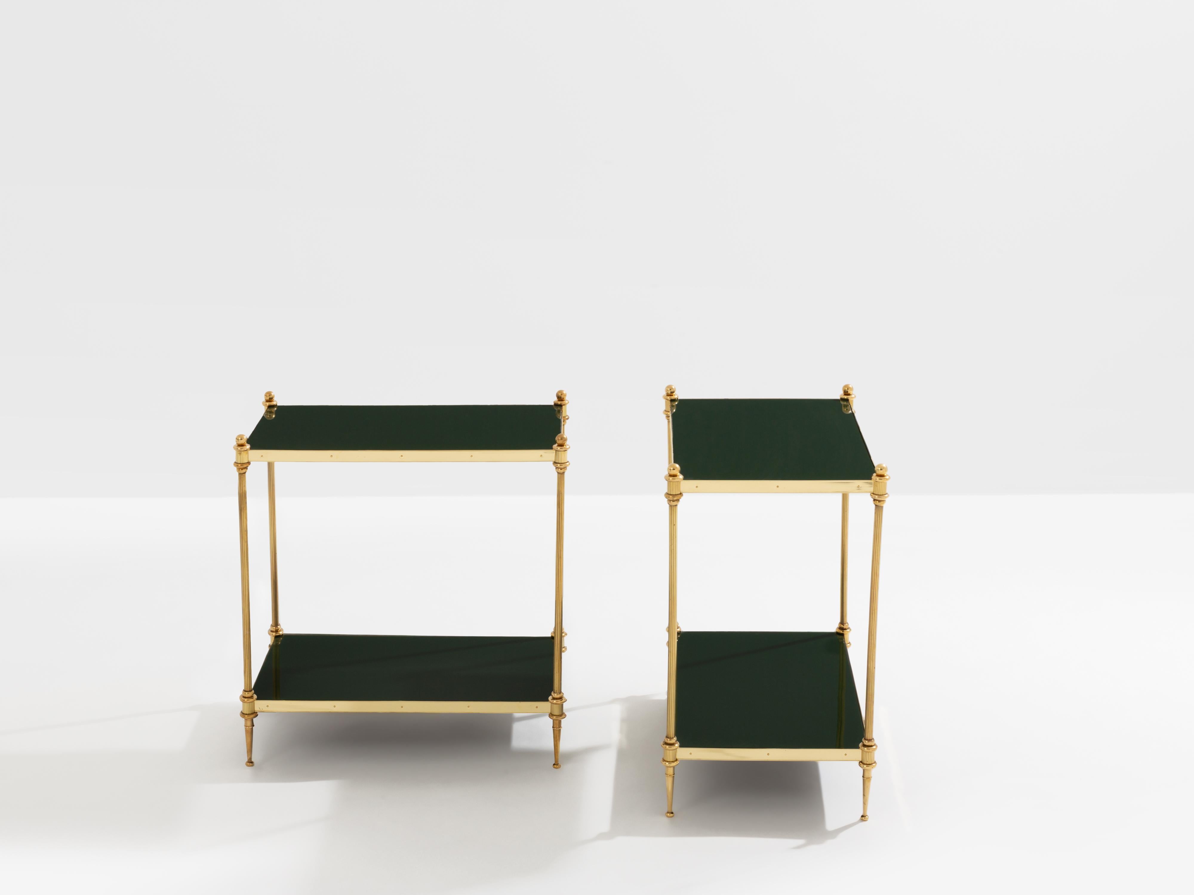 French Maison Jansen pair of two-tier side tables brass green lacquer 1970s For Sale