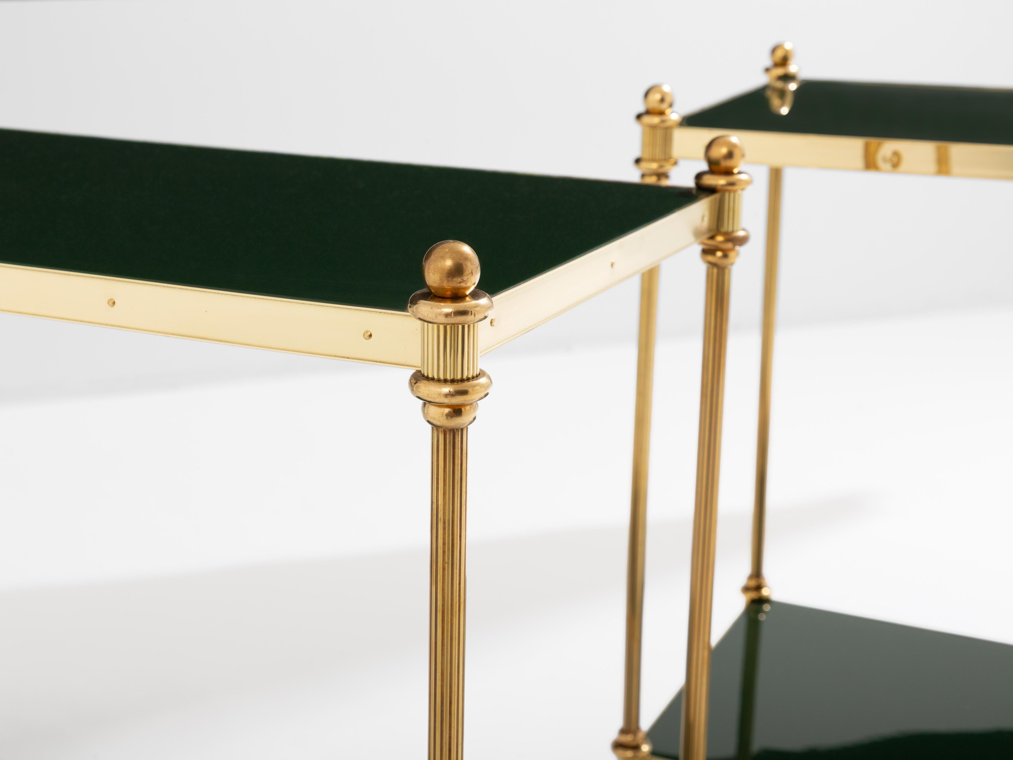 Late 20th Century Maison Jansen pair of two-tier side tables brass green lacquer 1970s For Sale