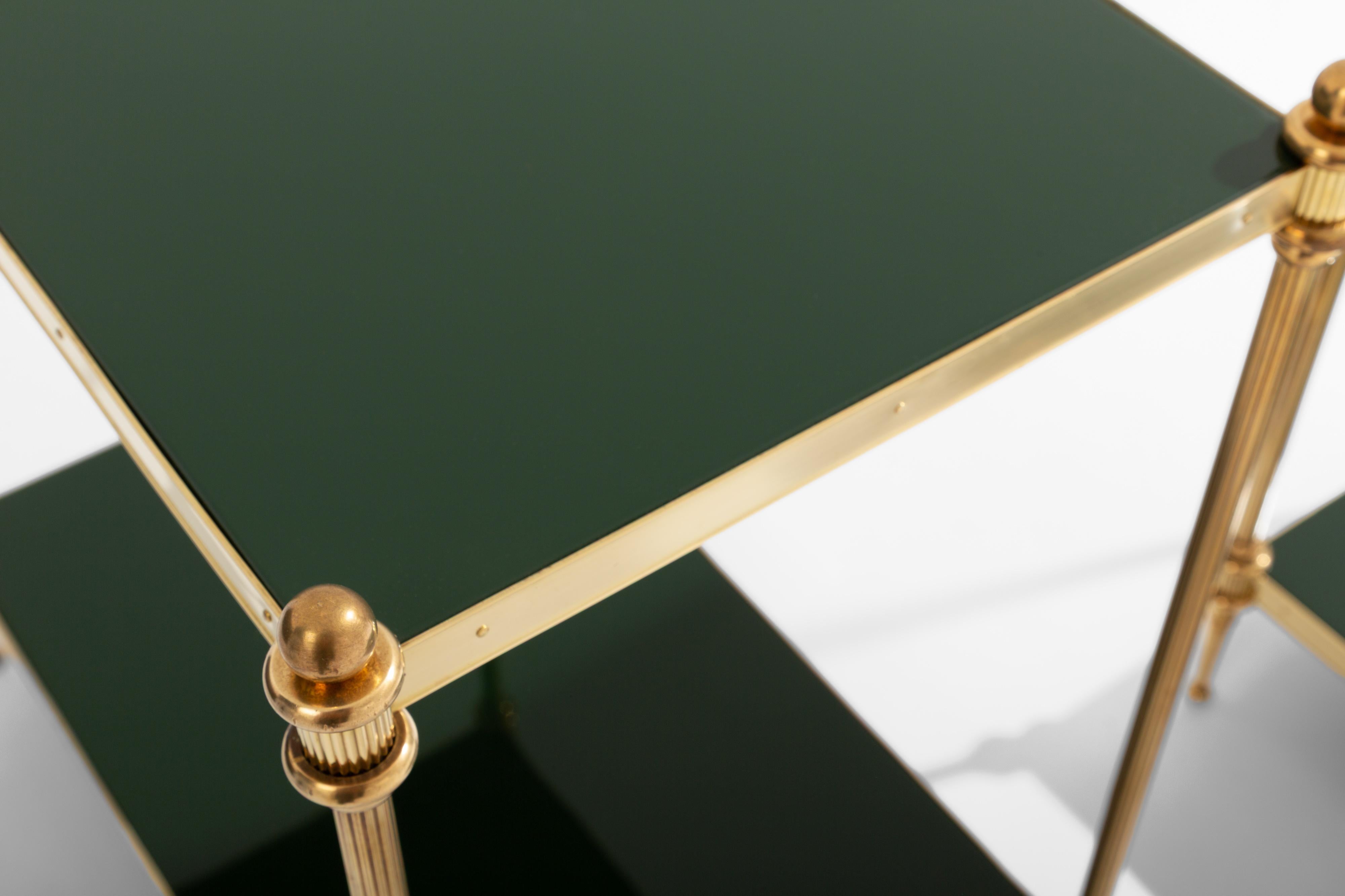 Brass Maison Jansen pair of two-tier side tables brass green lacquer 1970s For Sale