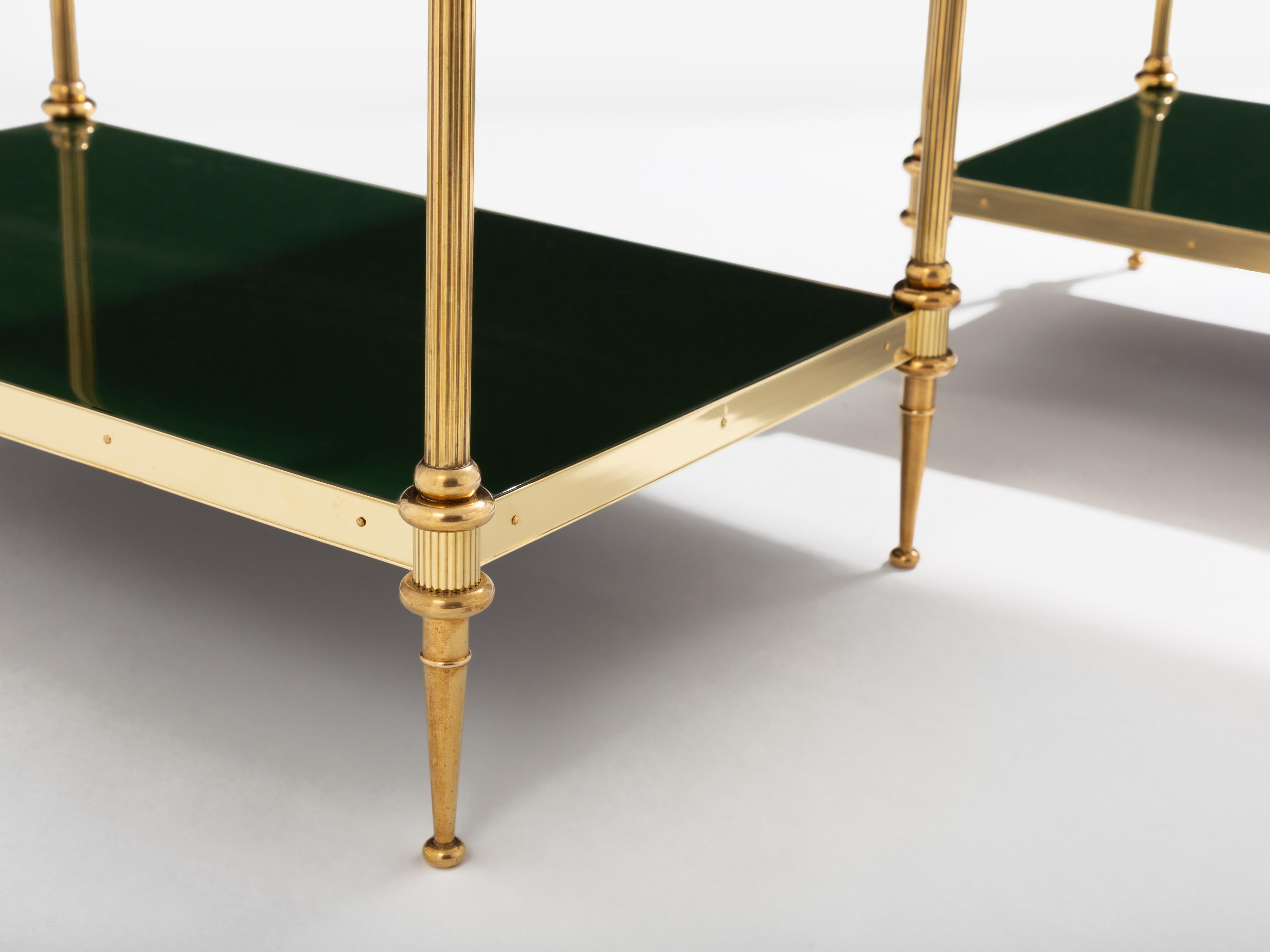 Maison Jansen pair of two-tier side tables brass green lacquer 1970s For Sale 1