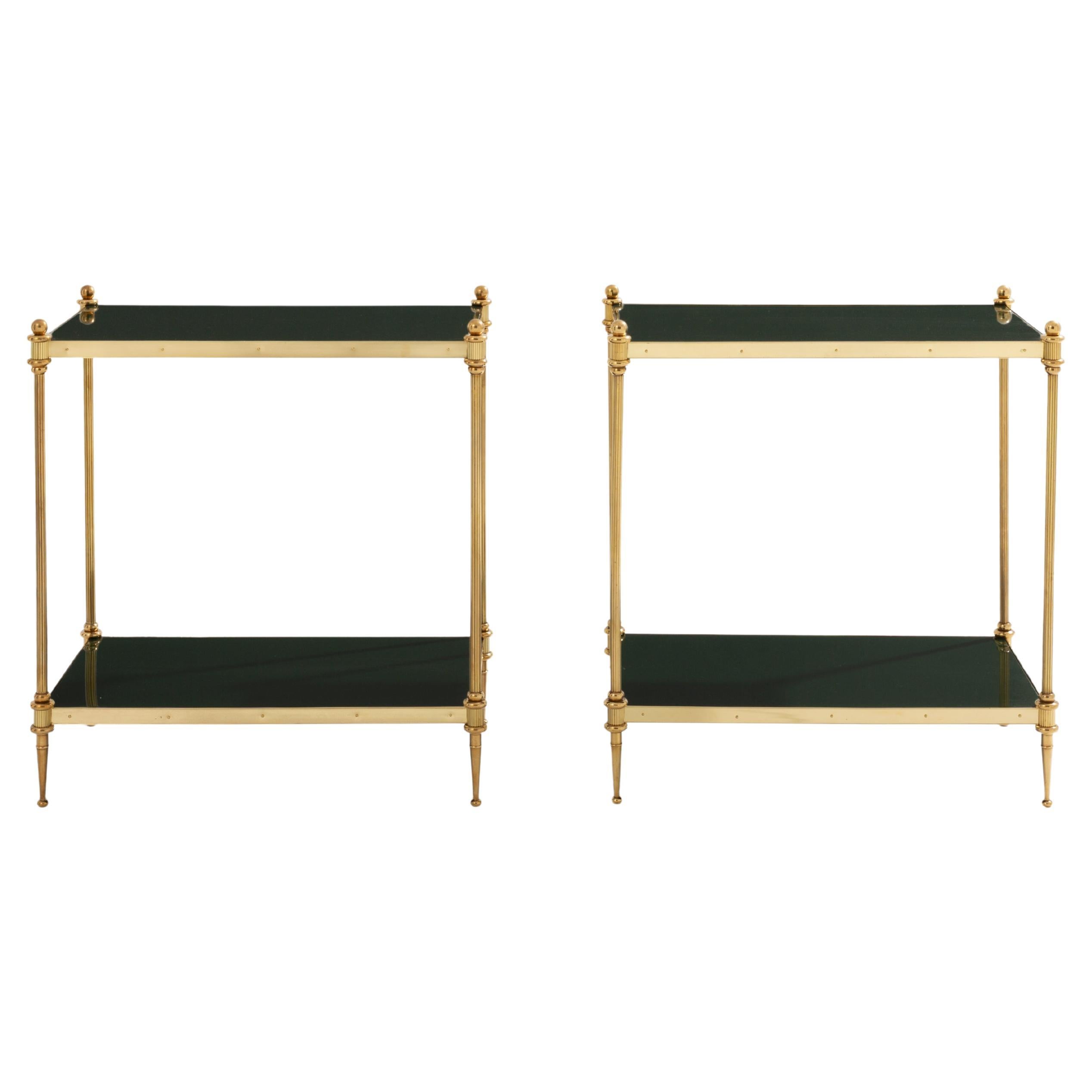 Maison Jansen pair of two-tier side tables brass green lacquer 1970s