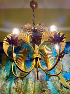 Maison Jansen Attr Palm Chandelier Gilt support 5 bulbs , French 1970