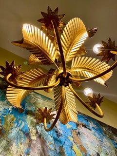 Maison Jansen Palm Kronleuchter vergoldet Unterstützung 5 Glühbirnen , Französisch 1970