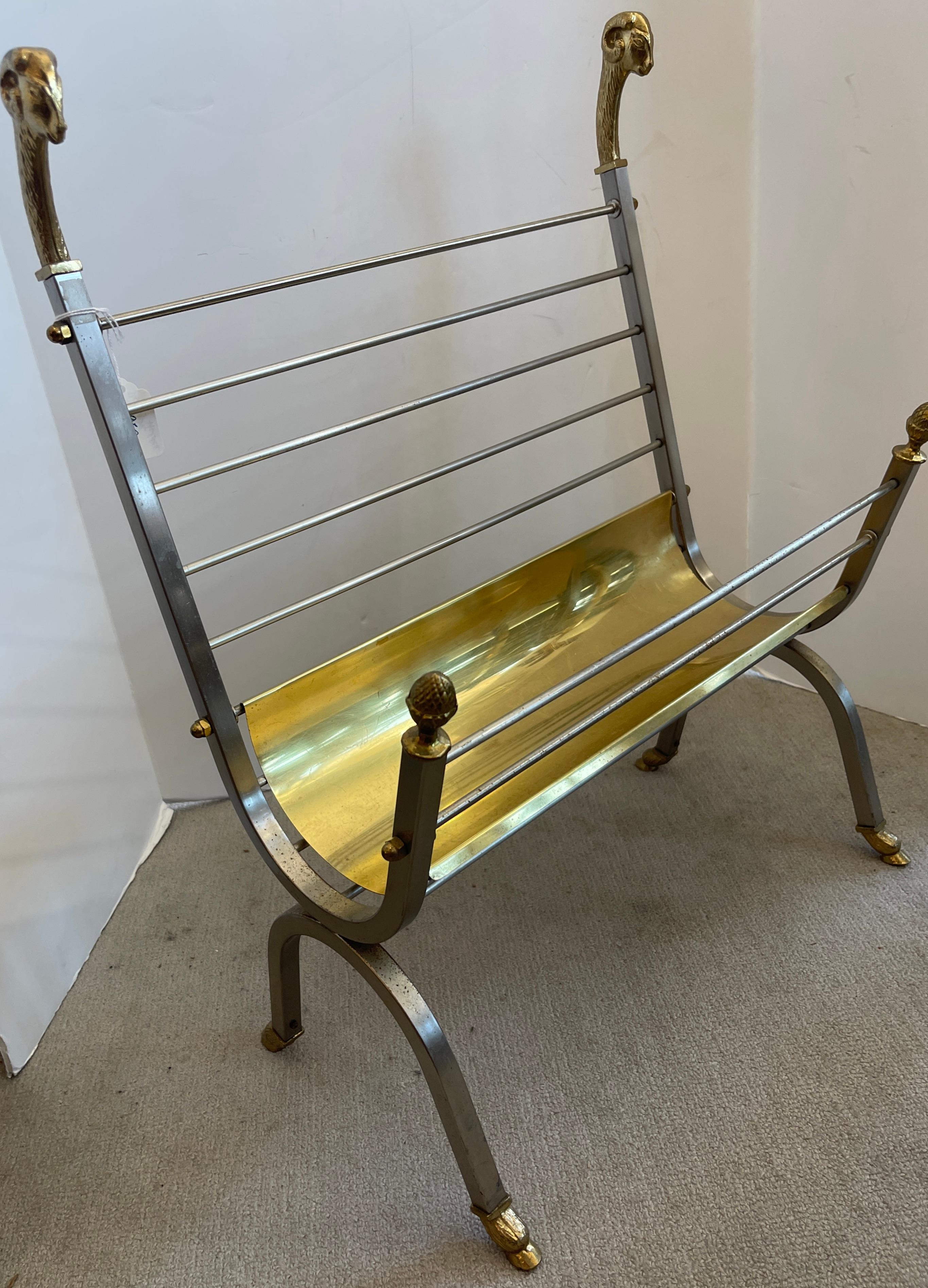 Maison Jansen Polished Brass & Steel Ram Head Magazine Rack/Holder For Sale 5