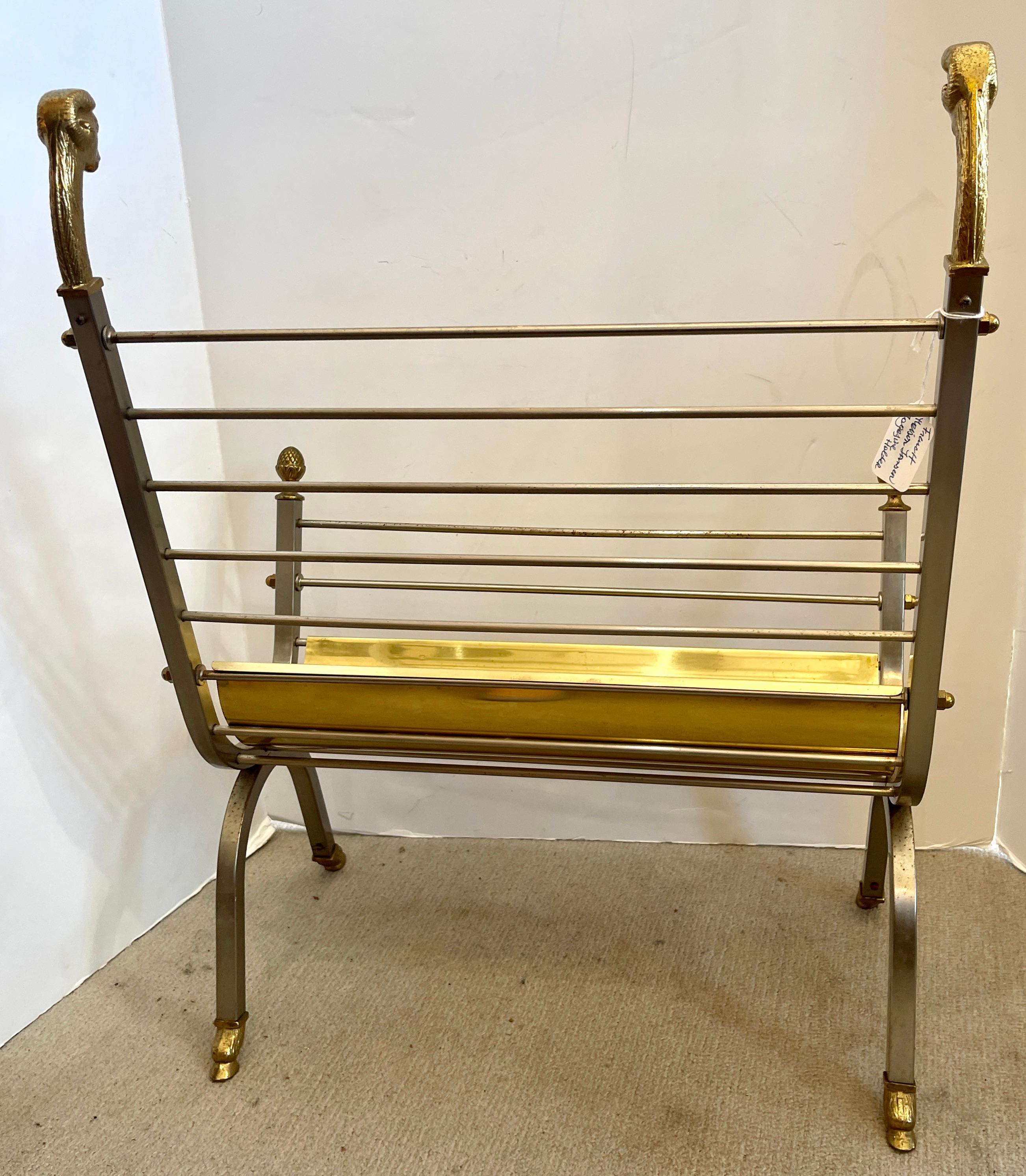 Maison Jansen Polished Brass & Steel Ram Head Magazine Rack/Holder For Sale 6