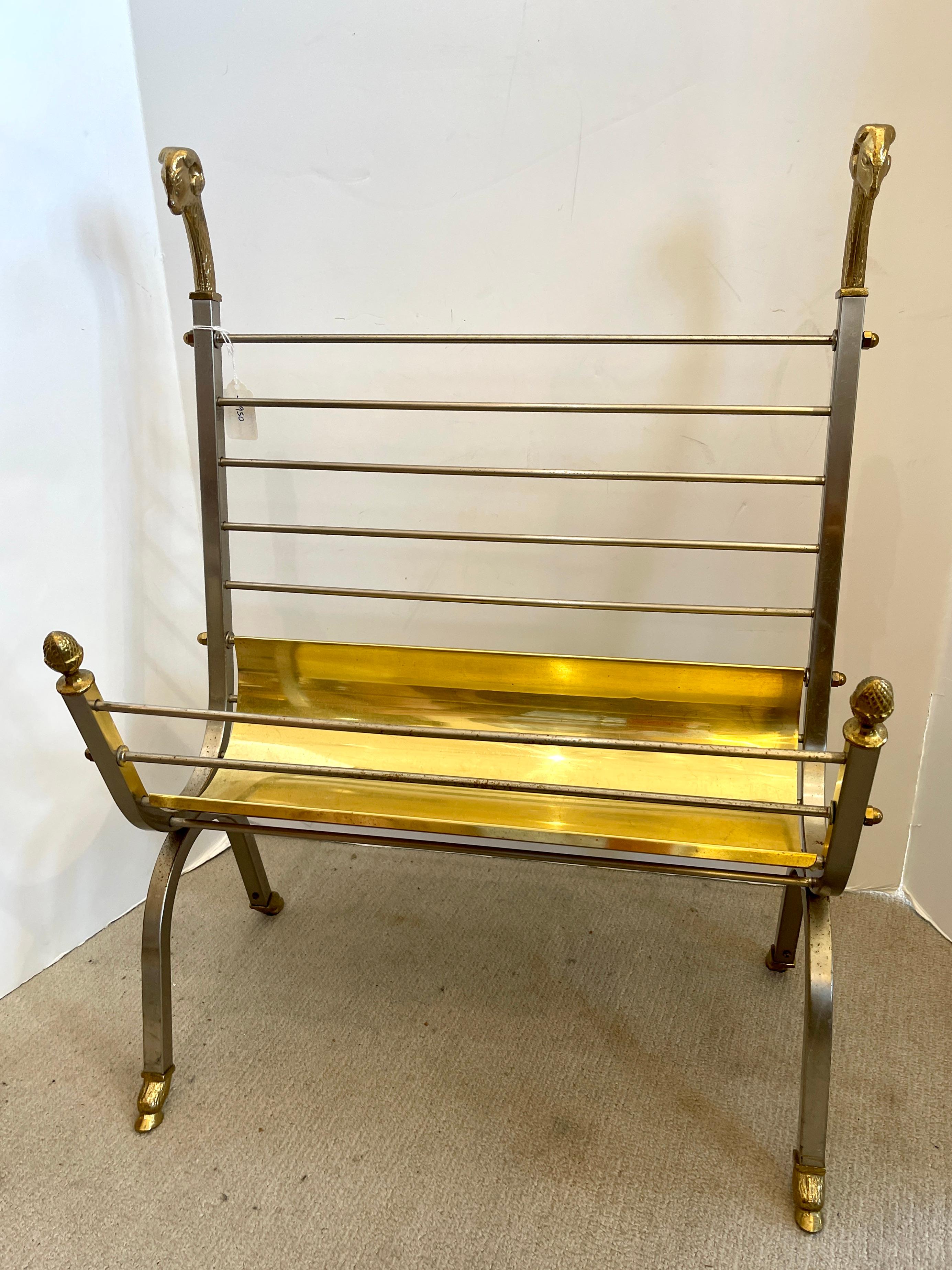 C.1960's-70's French Maison Jansen, made in Italy, is this polished brass and satin stainless steel combination to accomplish this stunning and very useful iconic Ram head and Hoof magazine holder/rack.
Very good vintage condition, consistent with