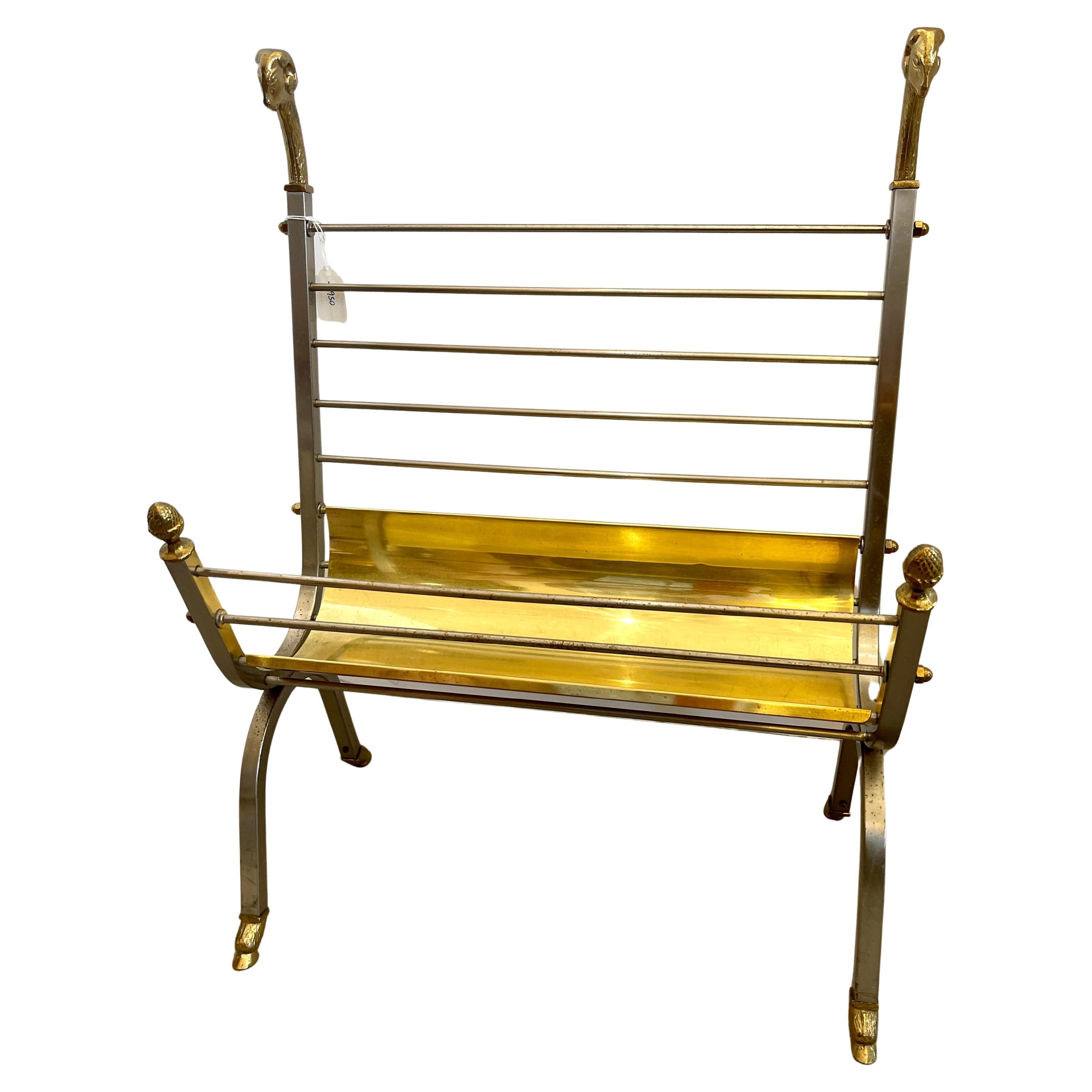 Maison Jansen Polished Brass & Steel Ram Head Magazine Rack/Holder For Sale