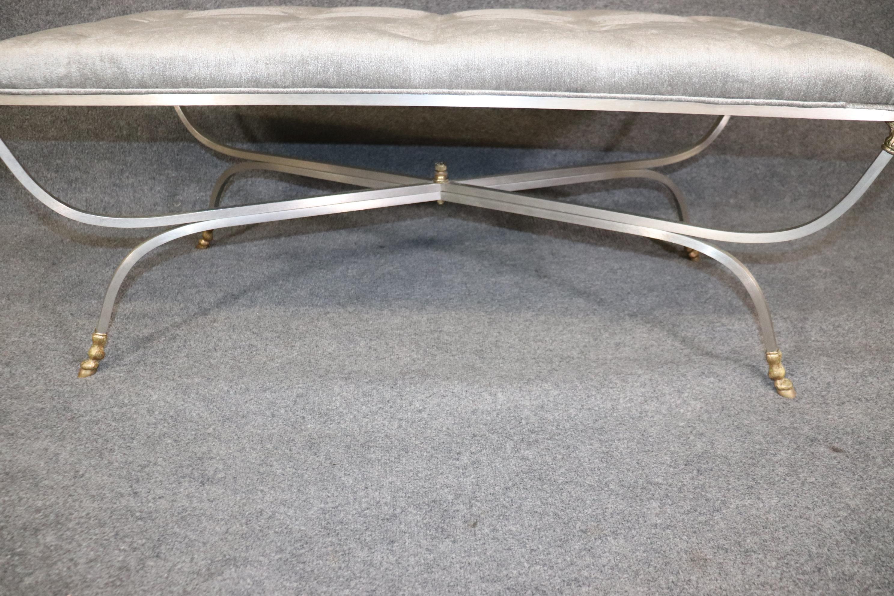 Maison Jansen Rams Head Brass and Brushed Steel Tufted Bench Ottoman 5