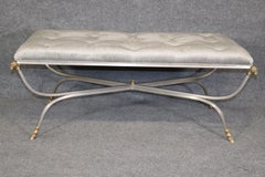 Maison Jansen Rams Head Brass and Brushed Steel Tufted Bench Ottoman