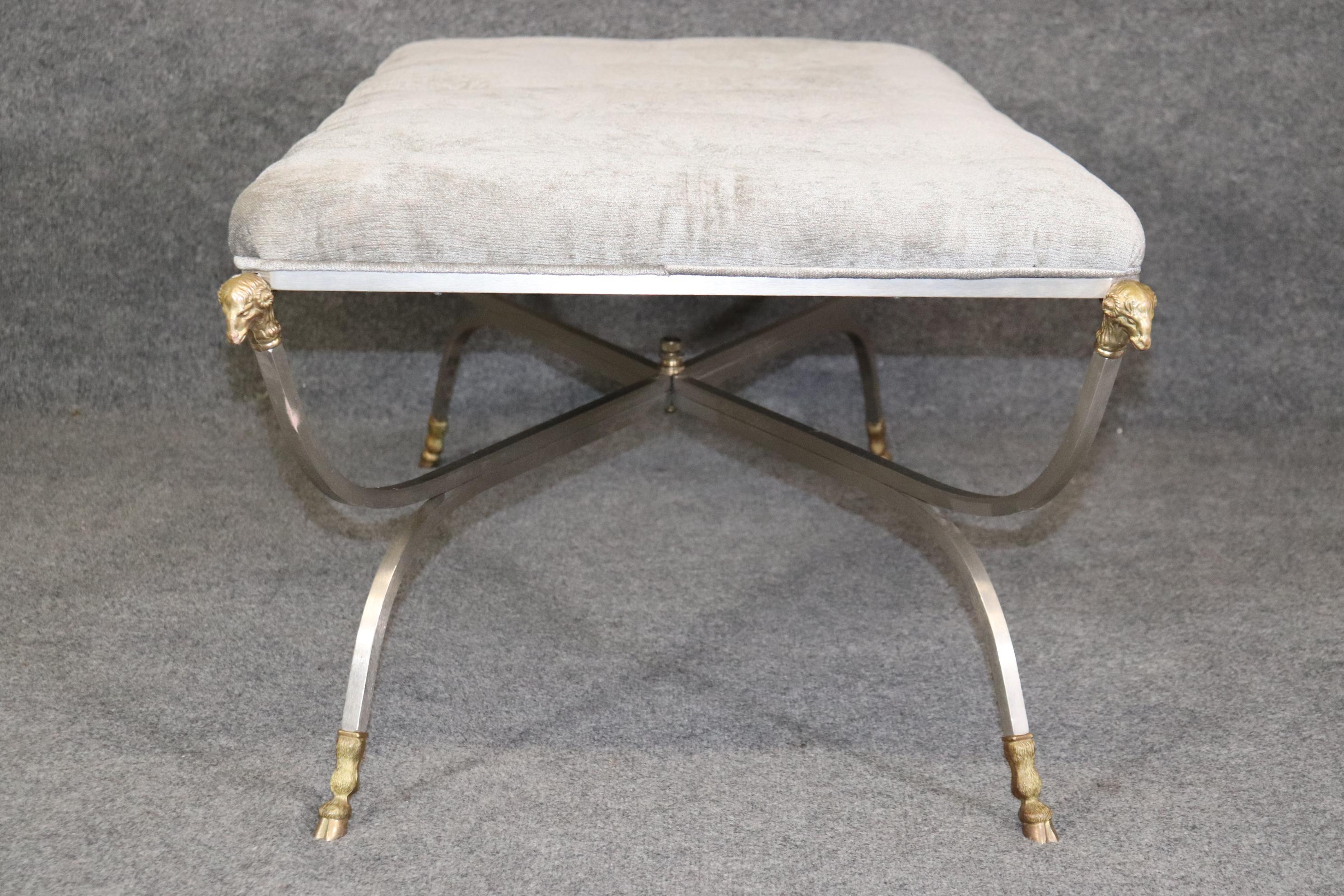 Directoire Maison Jansen Rams Head Brass and Brushed Steel Tufted Bench Ottoman