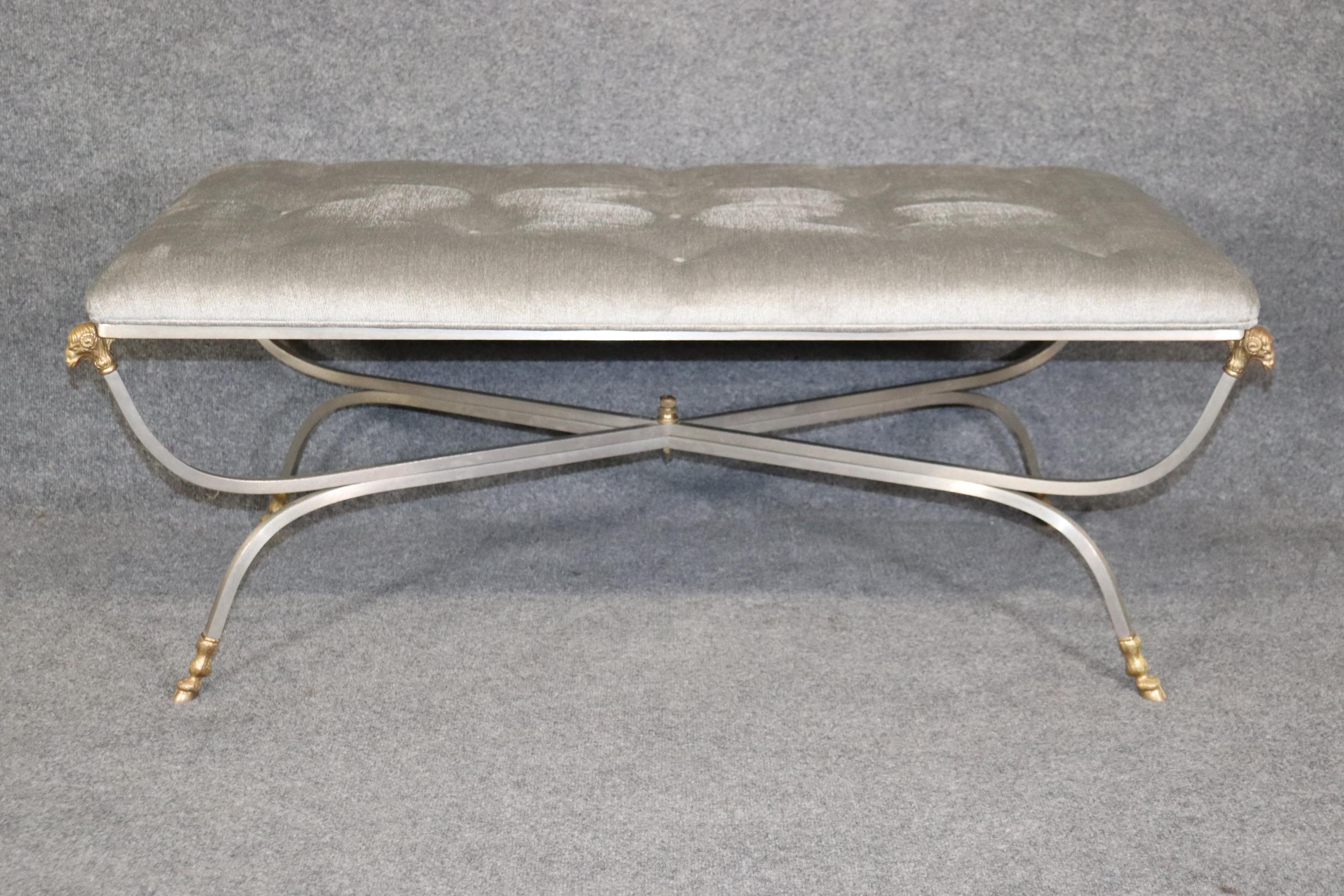 Unknown Maison Jansen Rams Head Brass and Brushed Steel Tufted Bench Ottoman