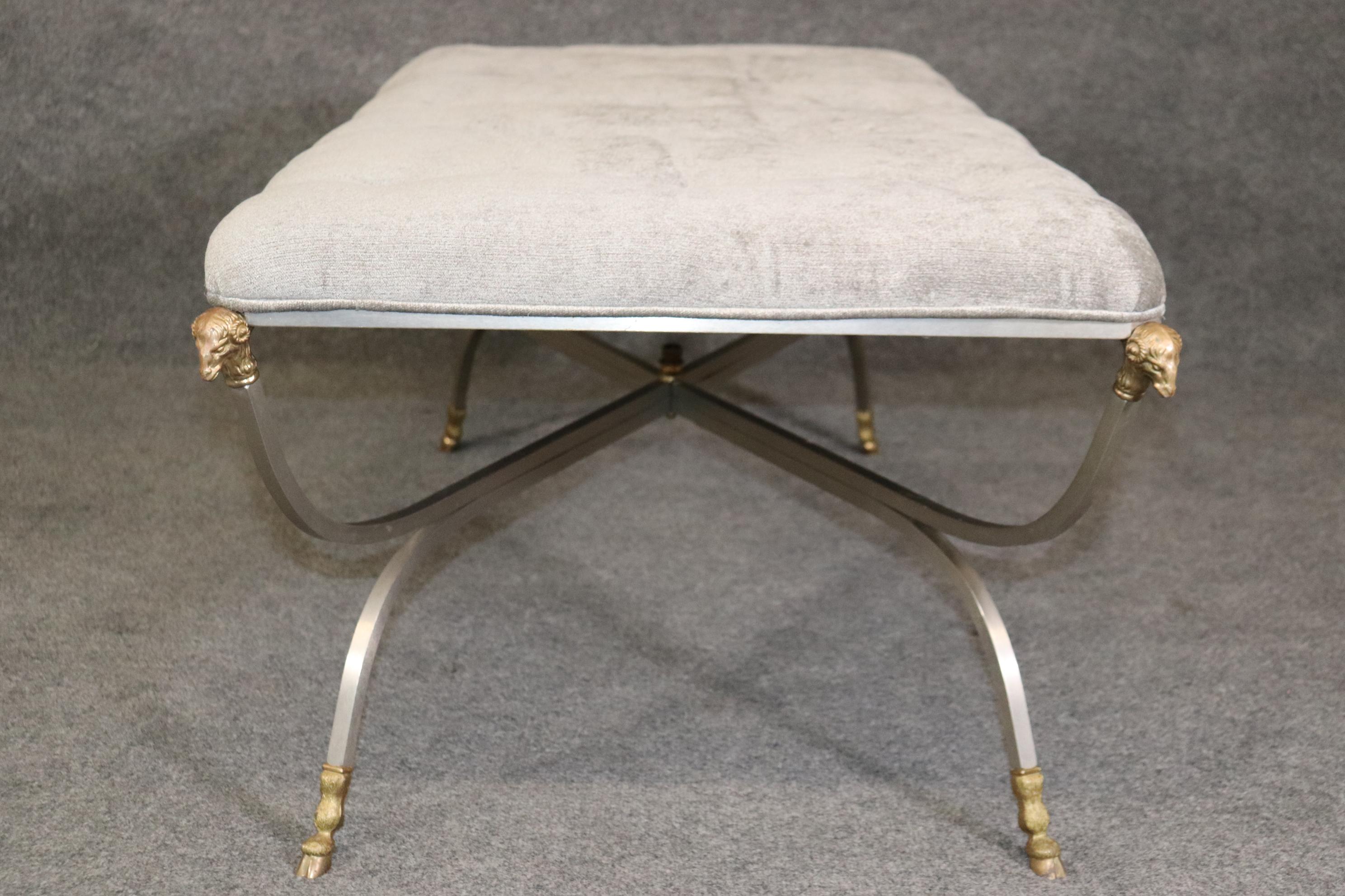 Maison Jansen Rams Head Brass and Brushed Steel Tufted Bench Ottoman In Good Condition In Swedesboro, NJ
