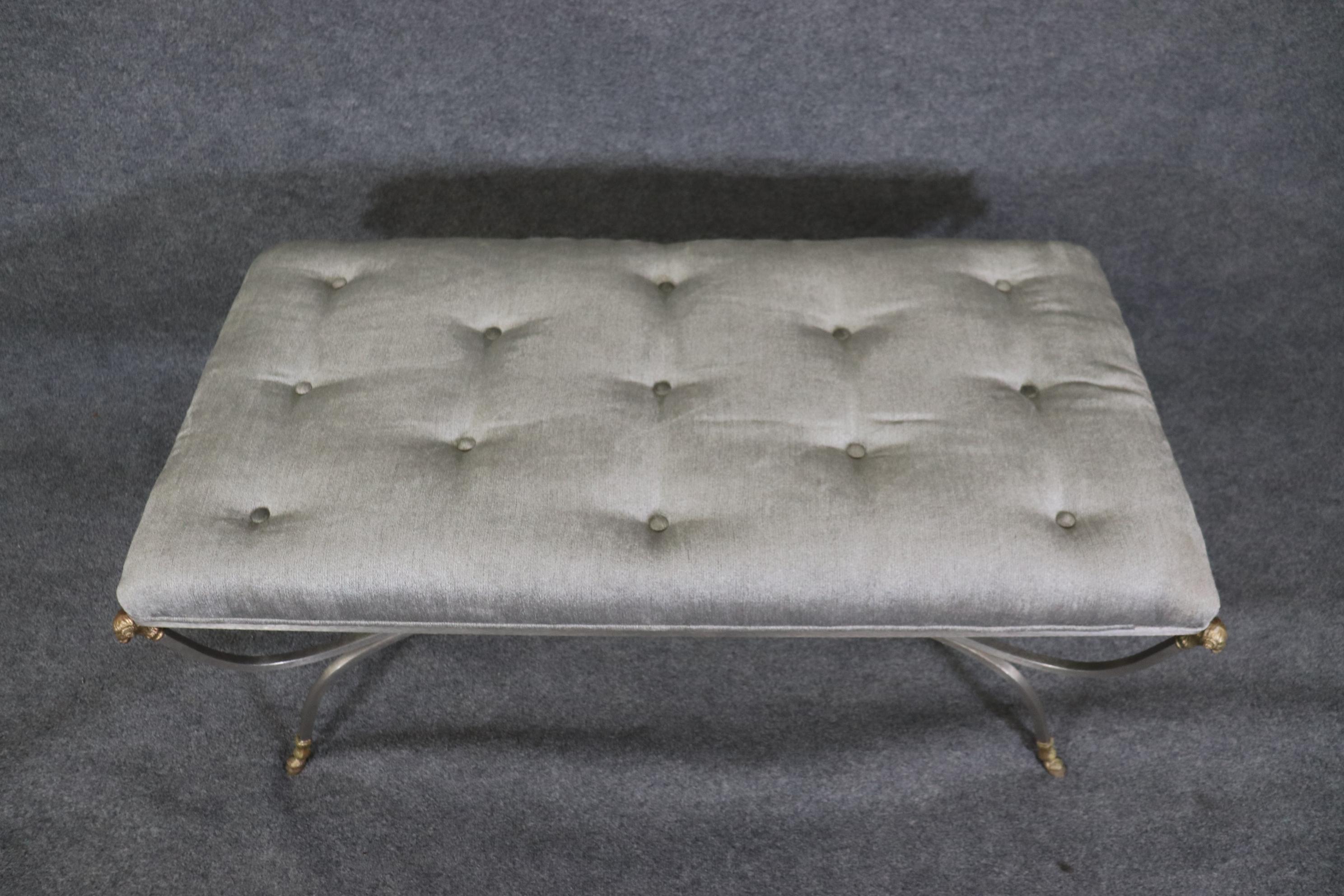 20th Century Maison Jansen Rams Head Brass and Brushed Steel Tufted Bench Ottoman