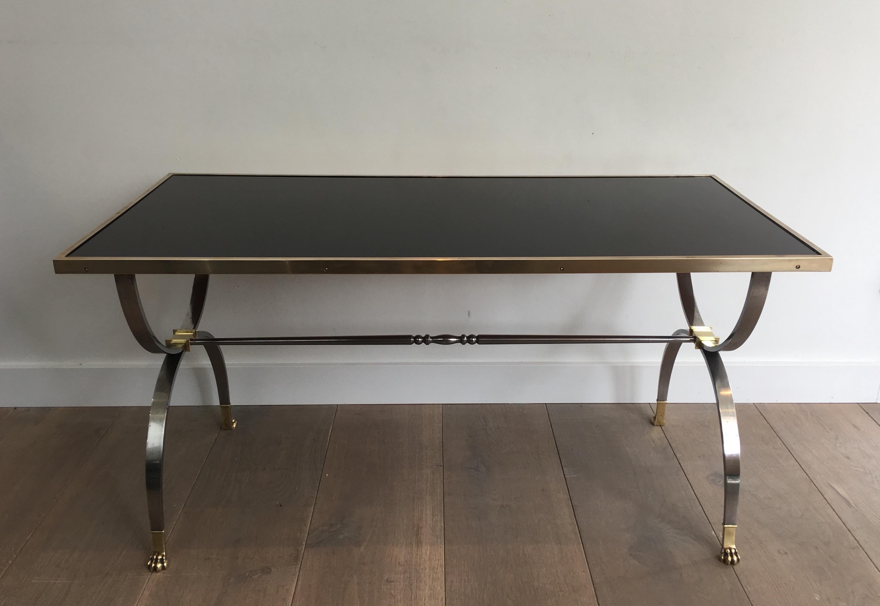 Maison Jansen, Rare Brushed Steel and Brass Neoclassical Style Coffee Table For Sale 6