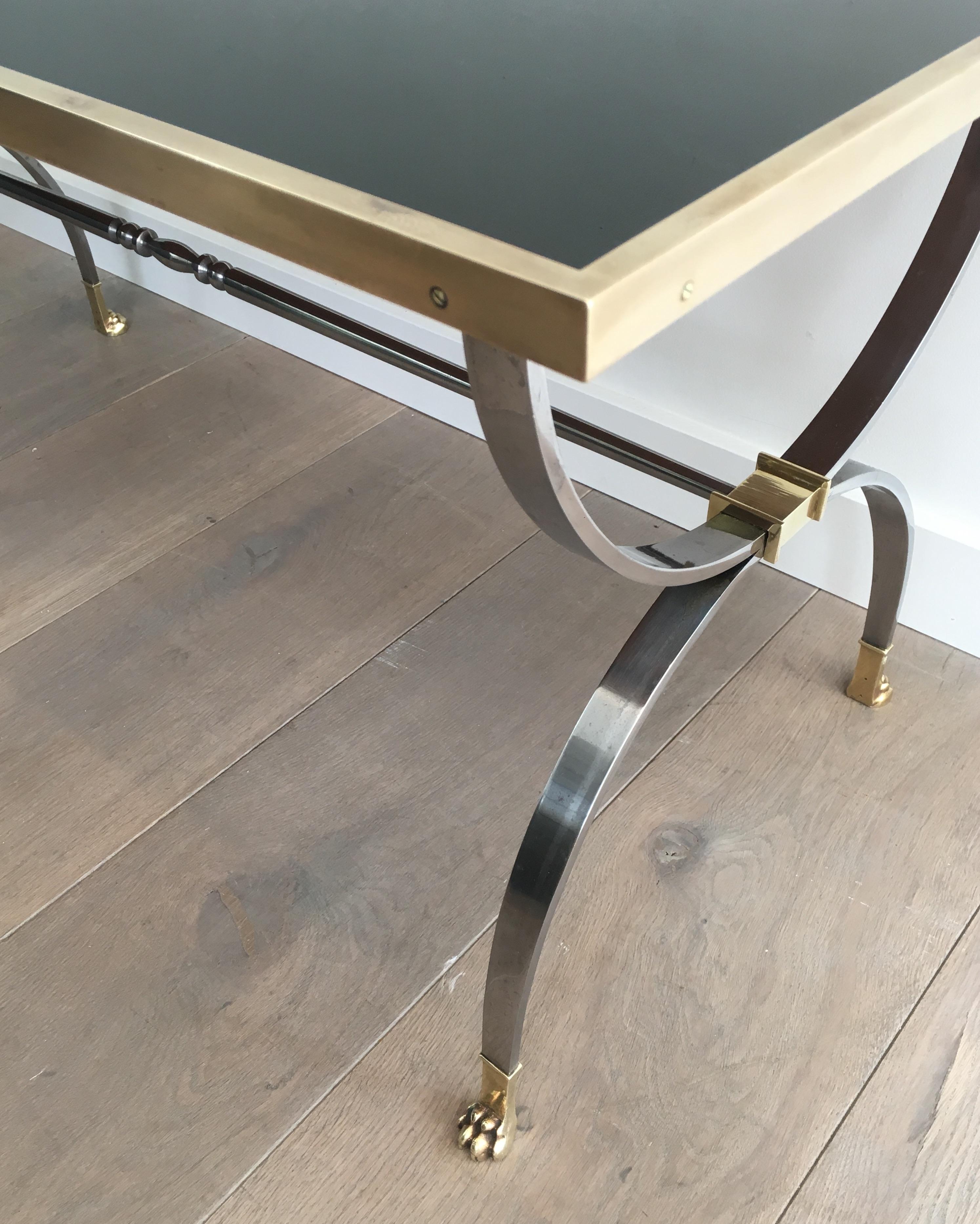 Maison Jansen, Rare Brushed Steel and Brass Neoclassical Style Coffee Table For Sale 9