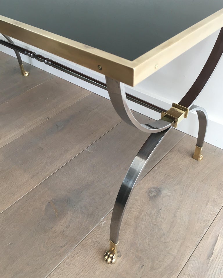 Maison Jansen, Rare Brushed Steel and Brass Neoclassical Style Coffee Table For Sale 8