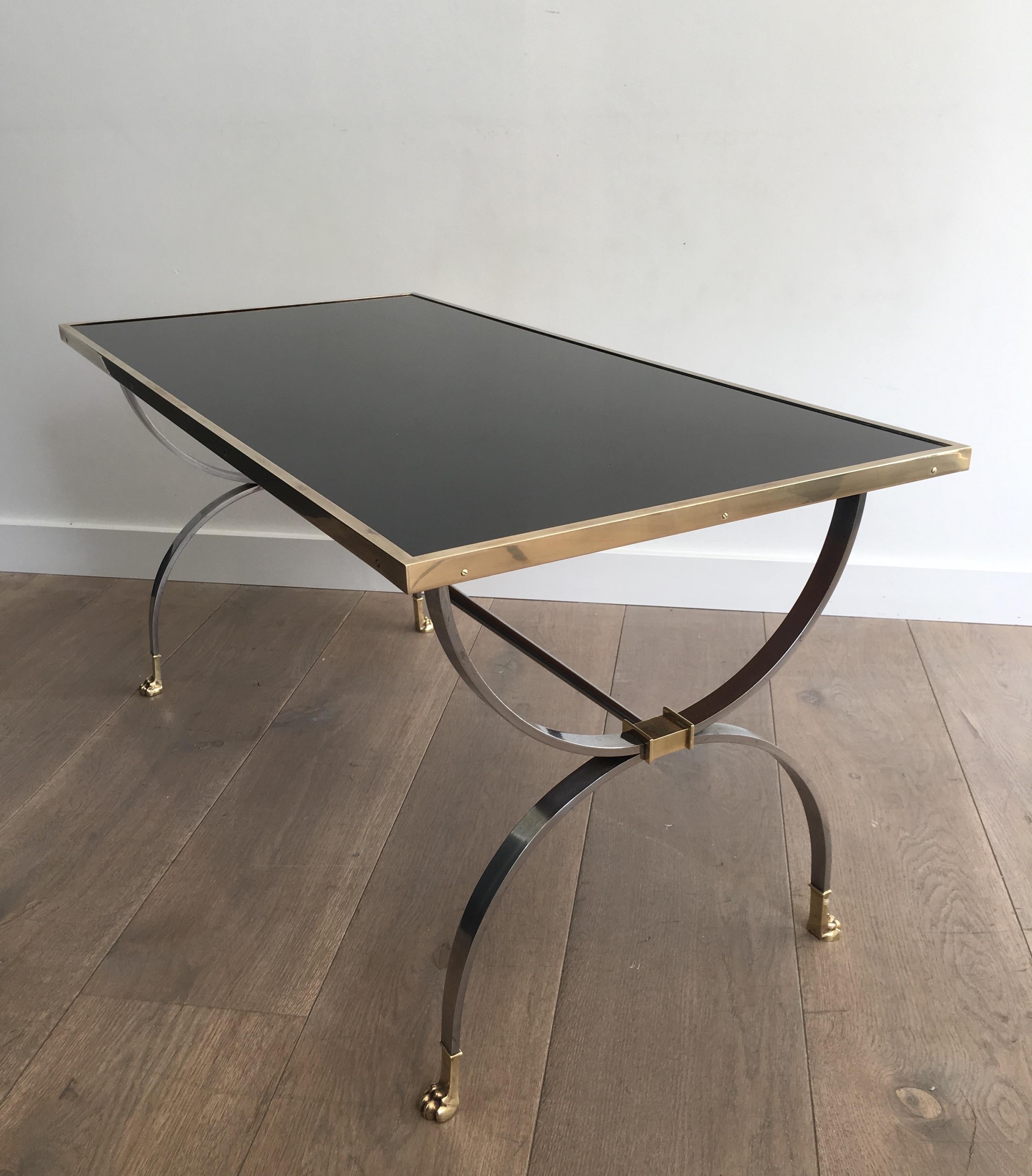 Maison Jansen, Rare Brushed Steel and Brass Neoclassical Style Coffee Table For Sale 12