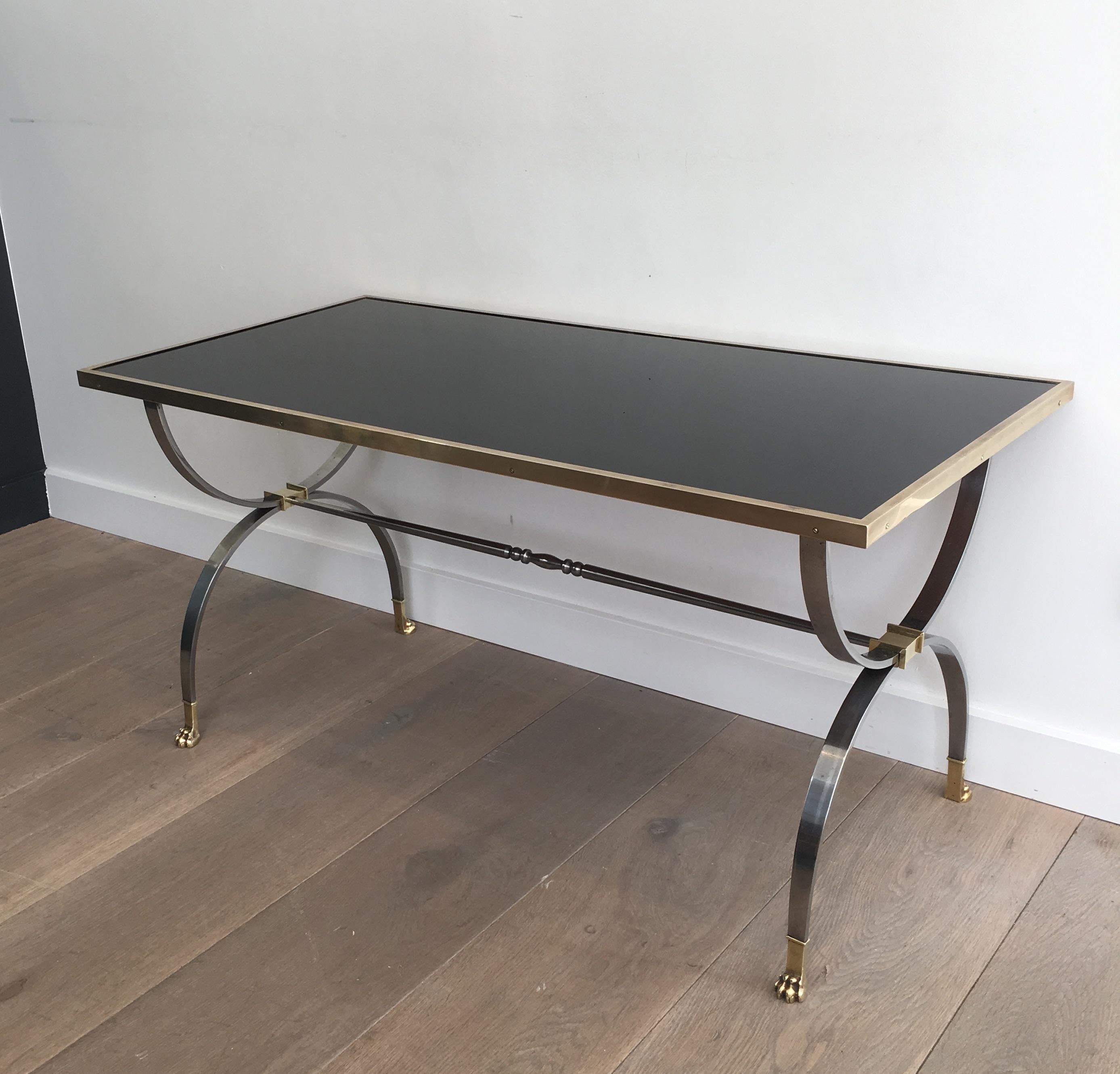 Maison Jansen, Rare Brushed Steel and Brass Neoclassical Style Coffee Table For Sale 13