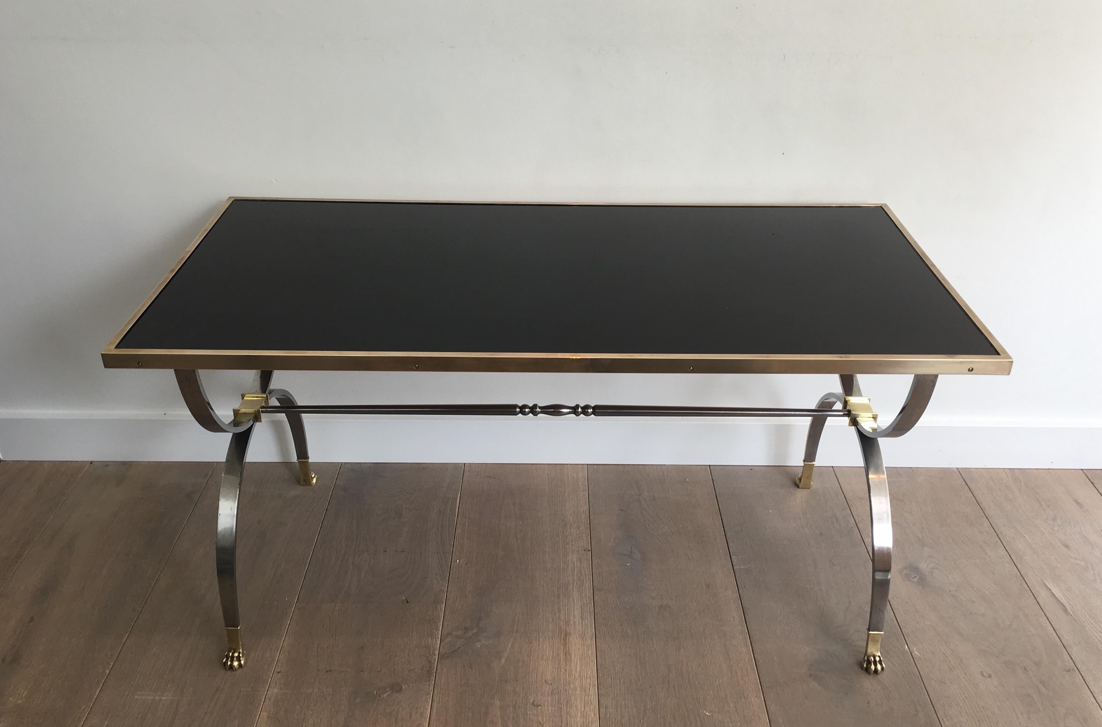 Maison Jansen, Rare Brushed Steel and Brass Neoclassical Style Coffee Table For Sale 15