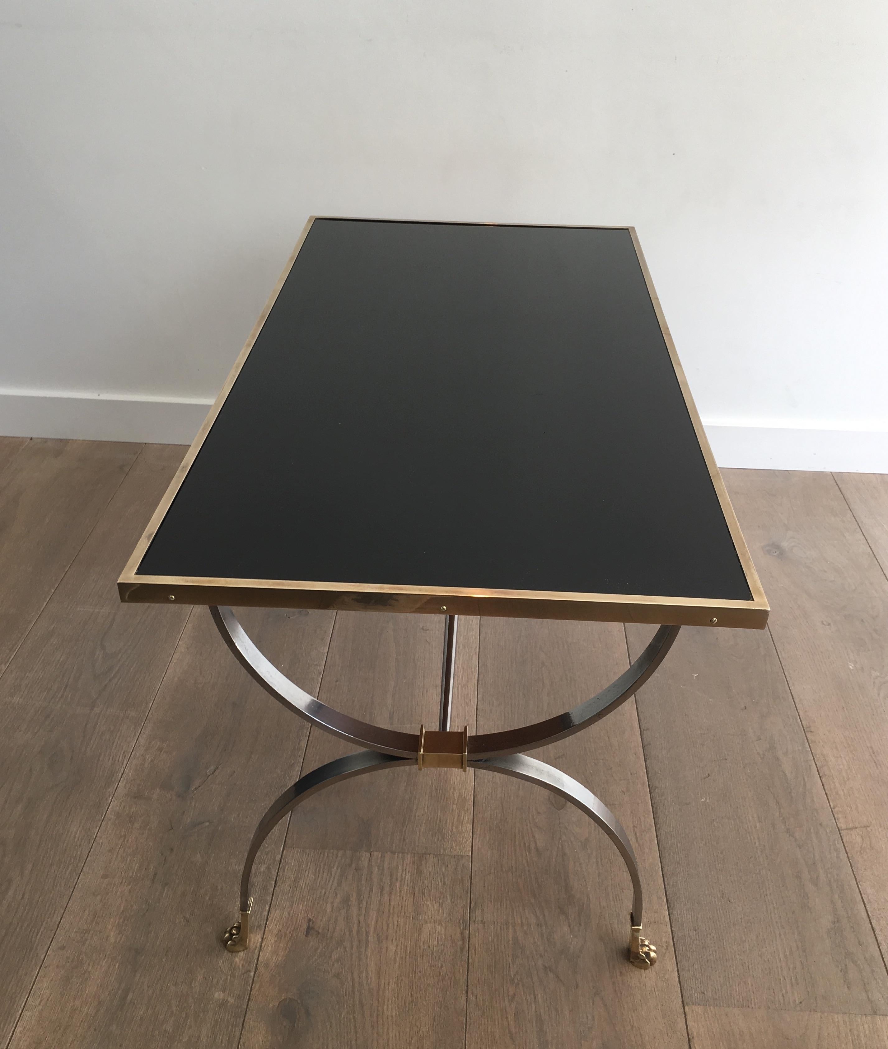 French Maison Jansen, Rare Brushed Steel and Brass Neoclassical Style Coffee Table For Sale