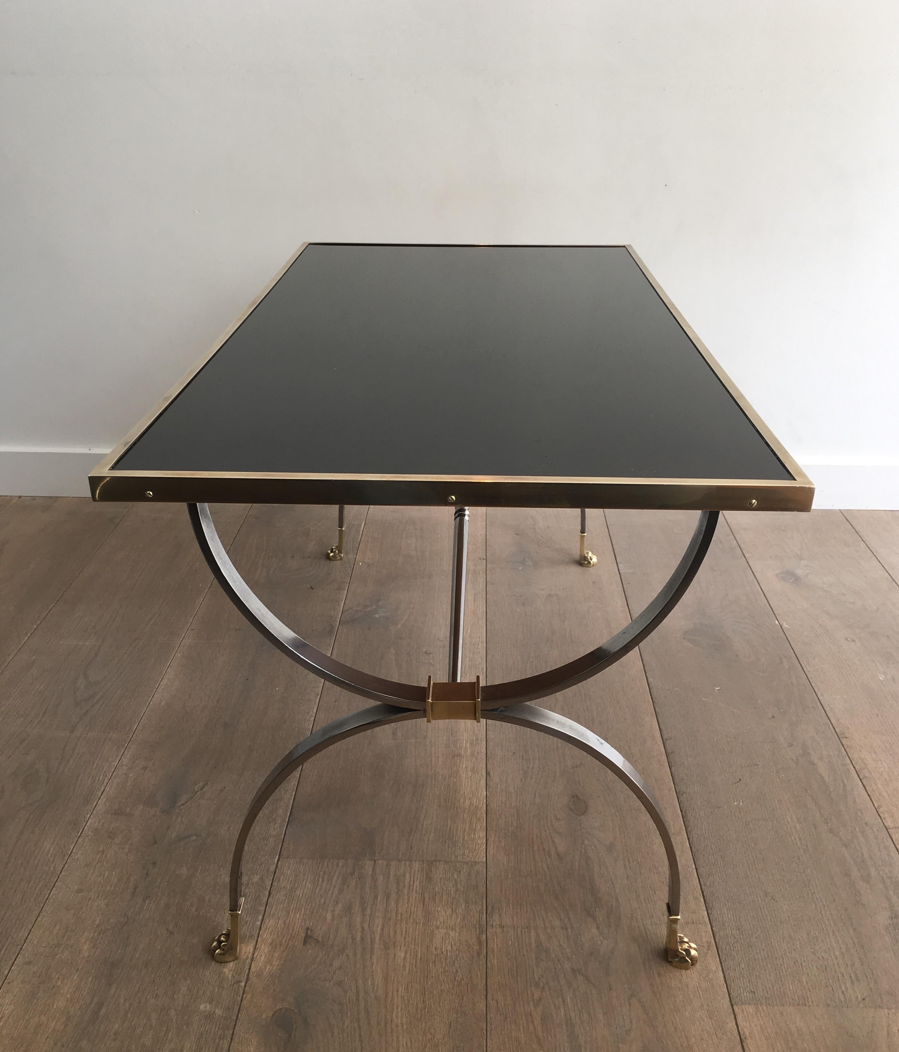 Maison Jansen, Rare Brushed Steel and Brass Neoclassical Style Coffee Table In Good Condition For Sale In Marcq-en-Barœul, Hauts-de-France