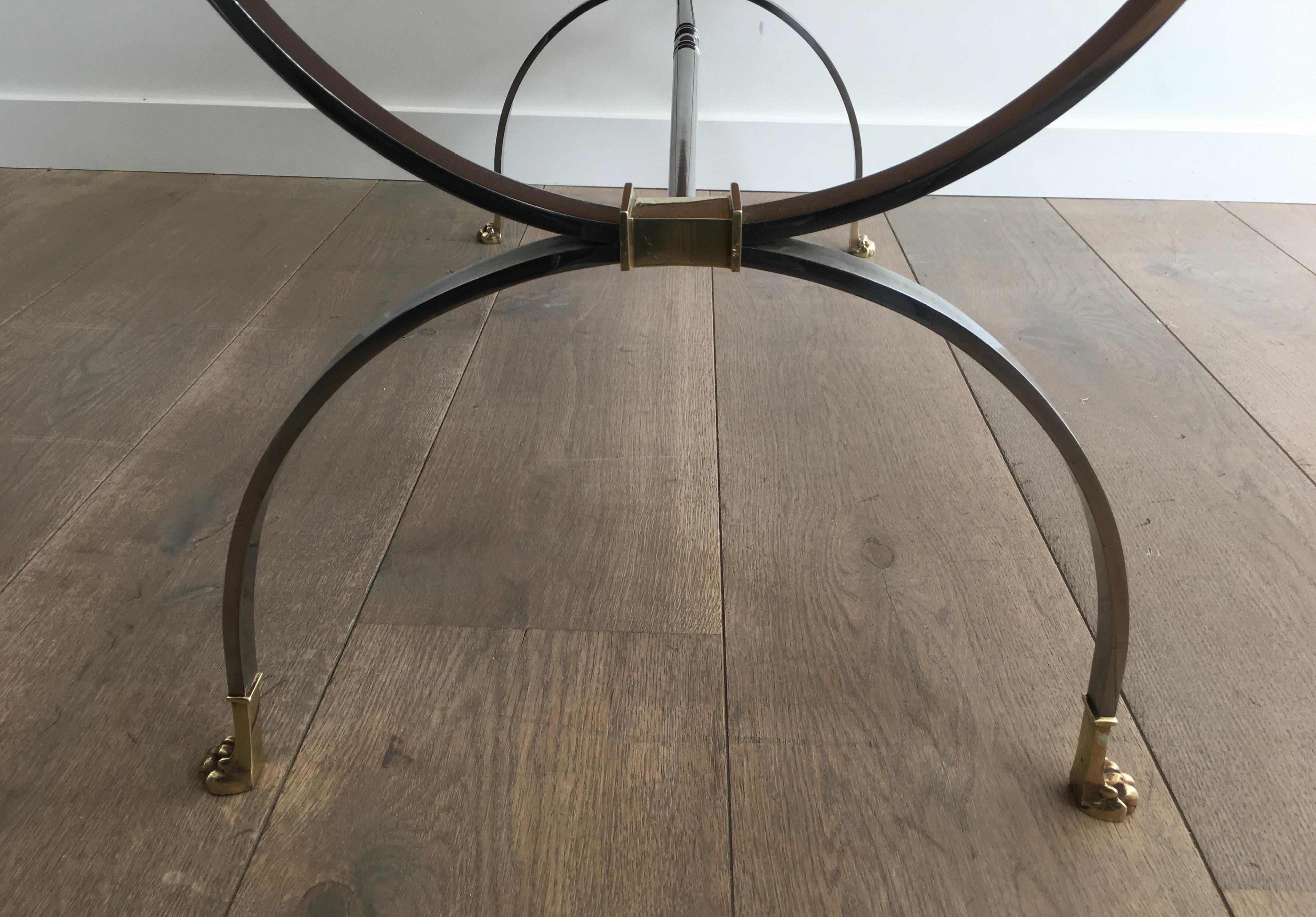 Mid-20th Century Maison Jansen, Rare Brushed Steel and Brass Neoclassical Style Coffee Table For Sale