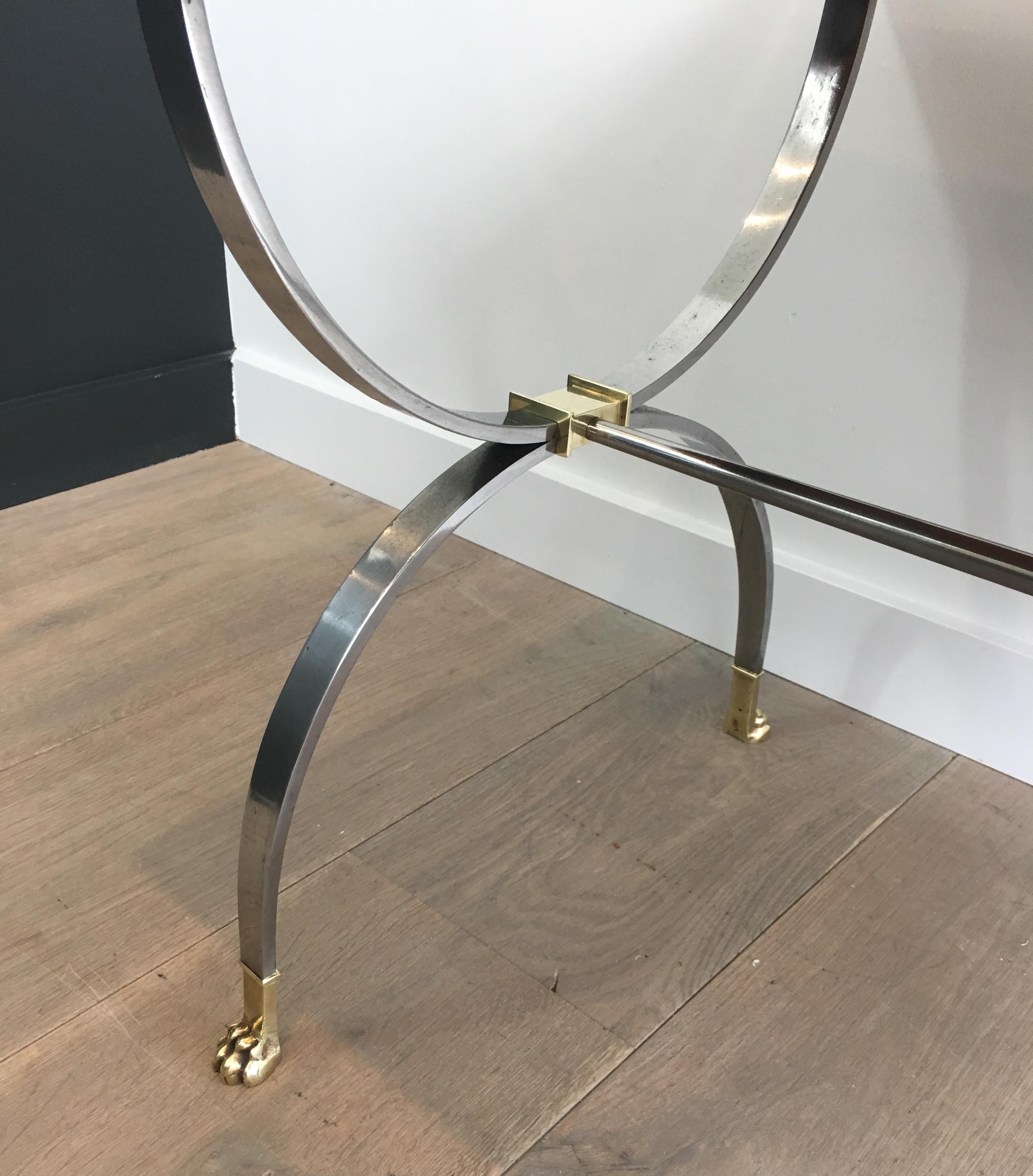 Maison Jansen, Rare Brushed Steel and Brass Neoclassical Style Coffee Table For Sale 1