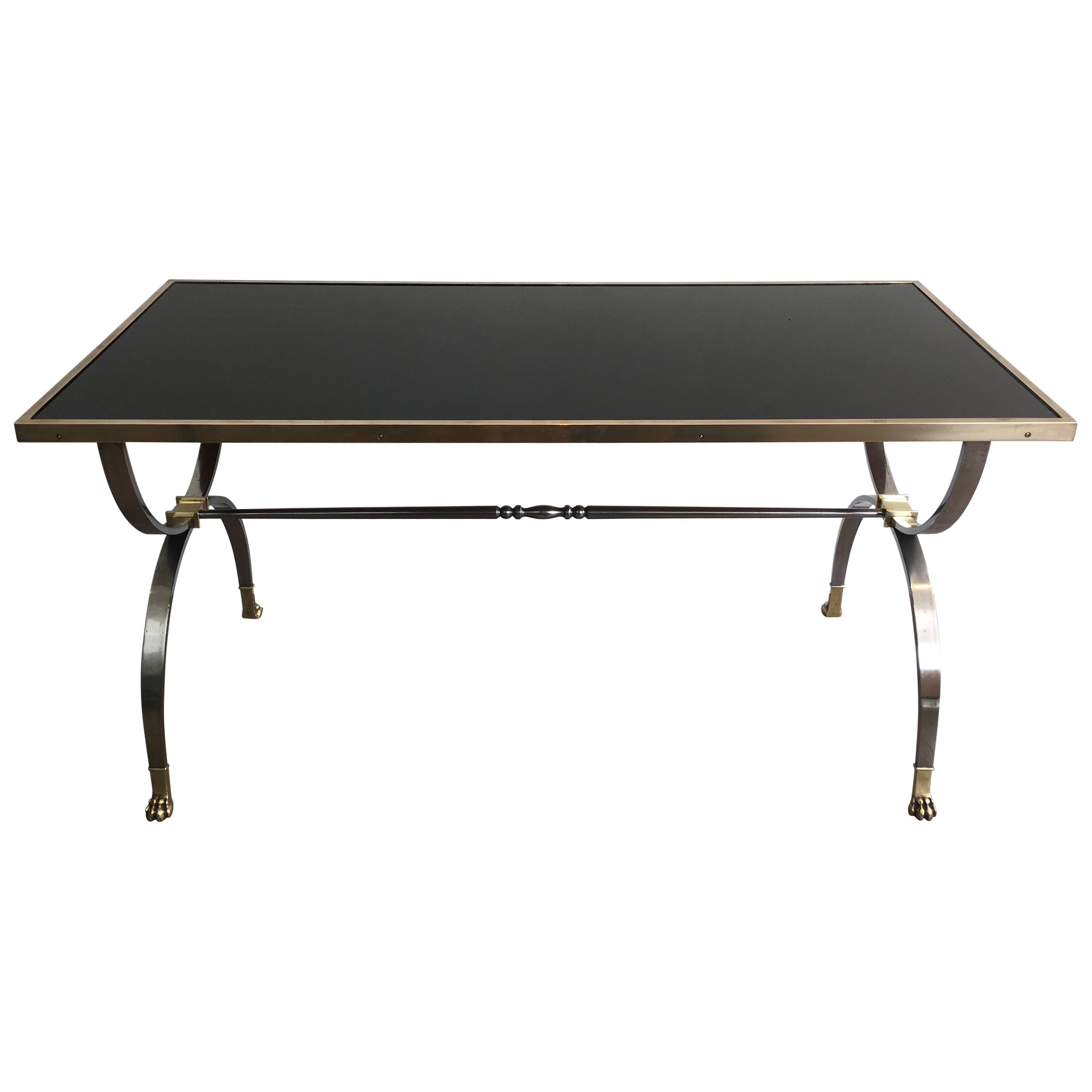 Maison Jansen, Rare Brushed Steel and Brass Neoclassical Style Coffee Table