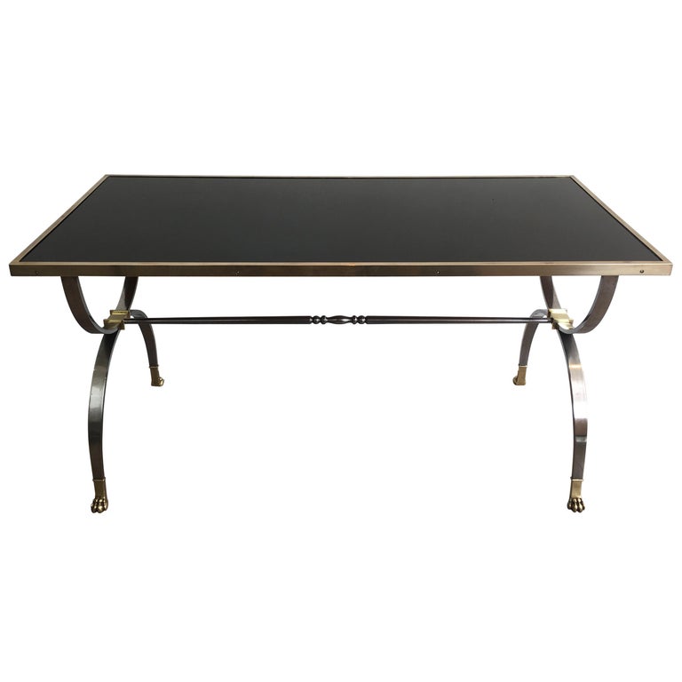 Maison Jansen, Rare Brushed Steel and Brass Neoclassical Style Coffee Table For Sale