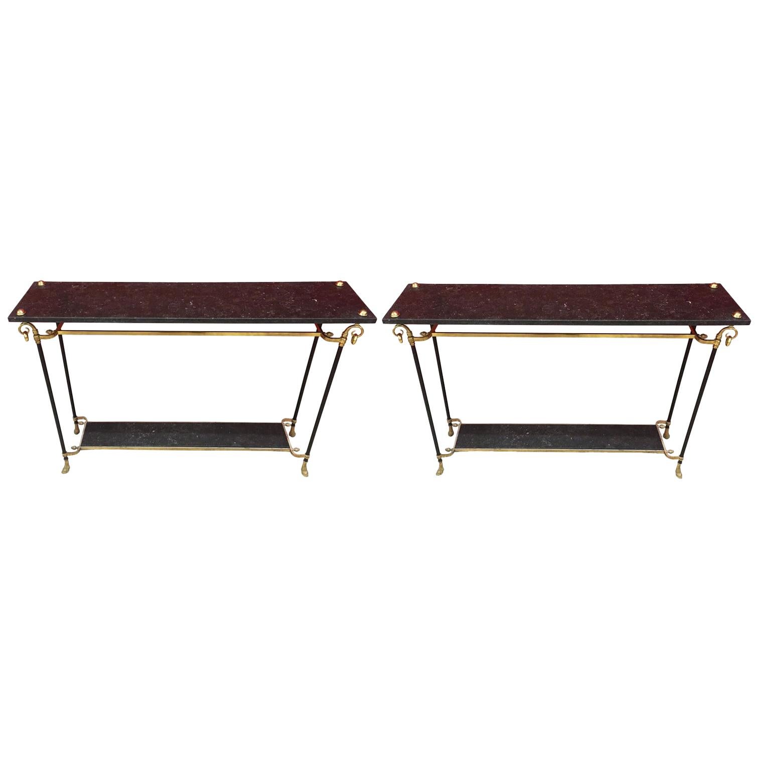 Maison Jansen, Rare Elegant , two Console Tables in Bronze, Brass and Marble