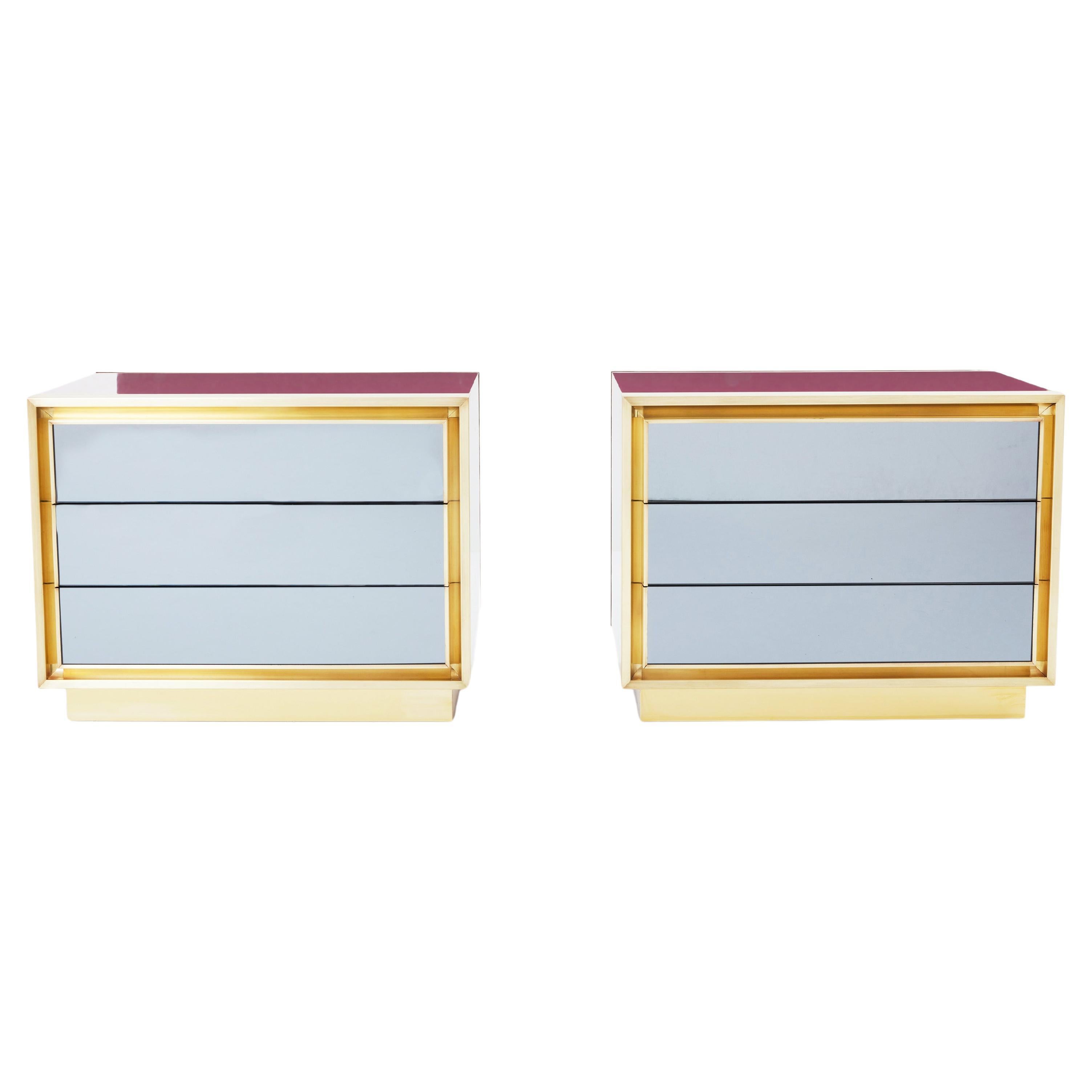 Maison Jansen raspberry lacquer brass mirrored nightstands 1970s For Sale