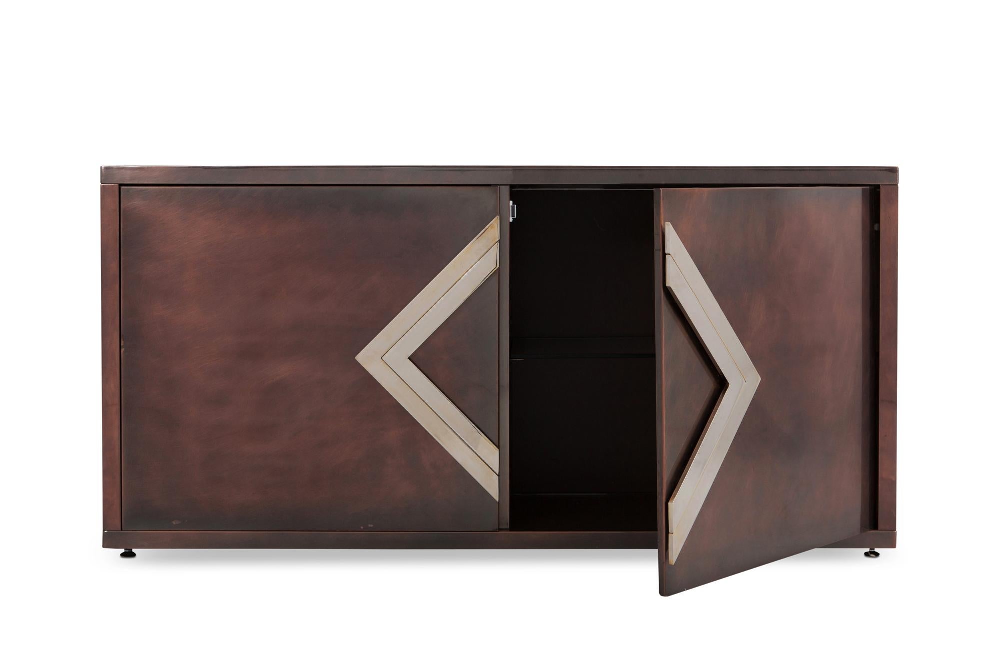 Hollywood Regency Maison Jansen Red Copper Patinated Brass Credenza with Diamond Door Handle