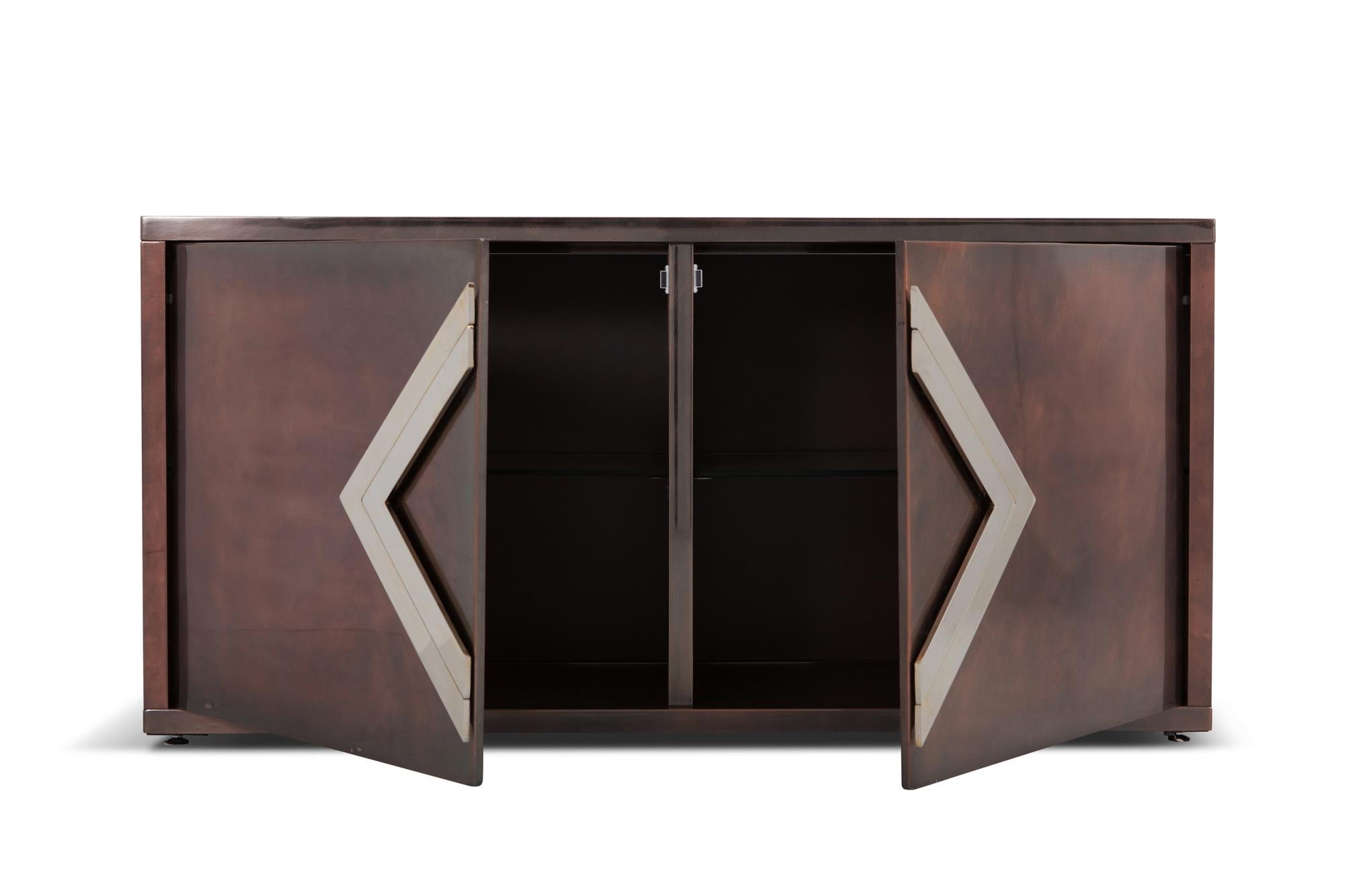 French Maison Jansen Red Copper Patinated Brass Credenza with Diamond Door Handle