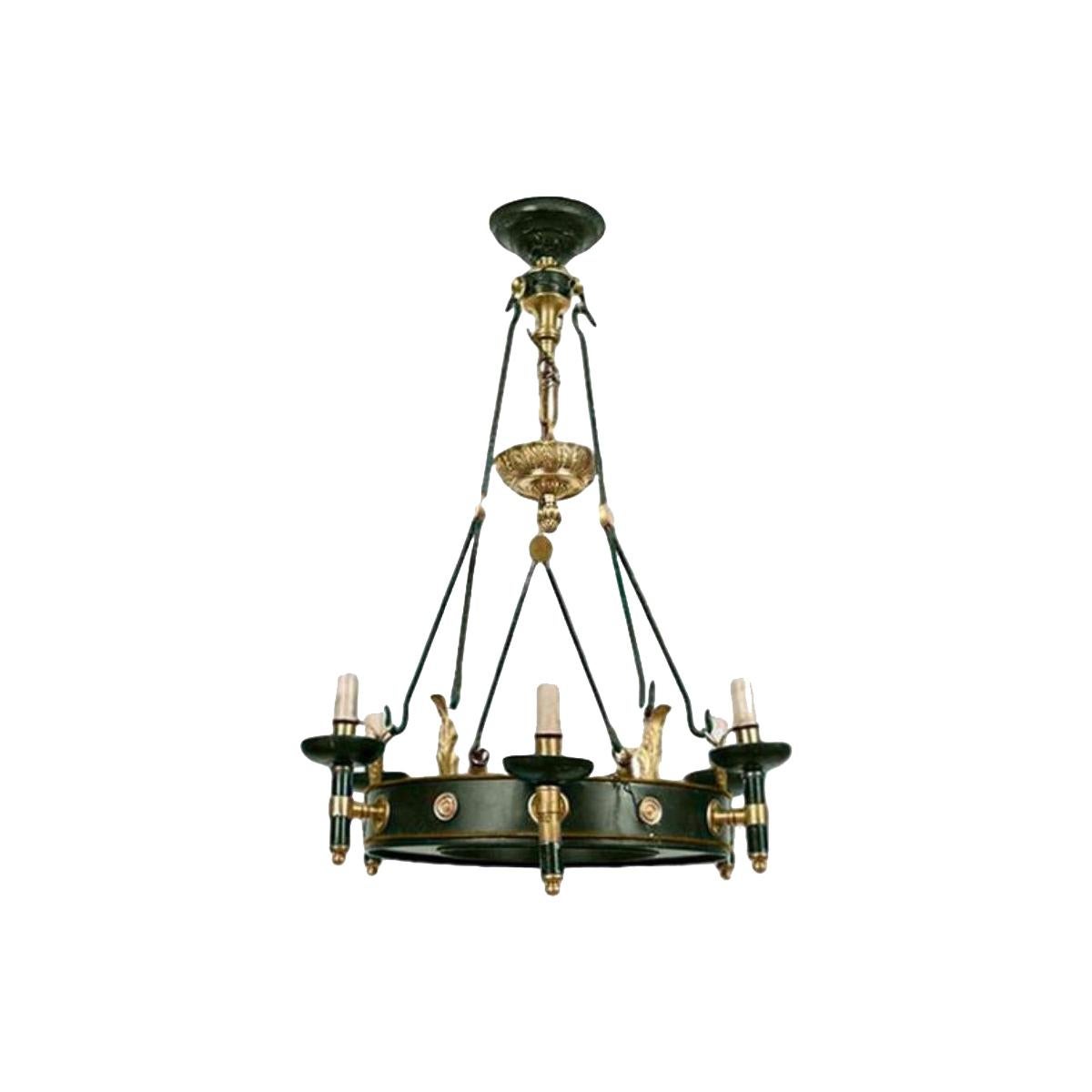 Maison Jansen Regency Style Six-Arm Painted Iron and Bronze Chandelier For Sale